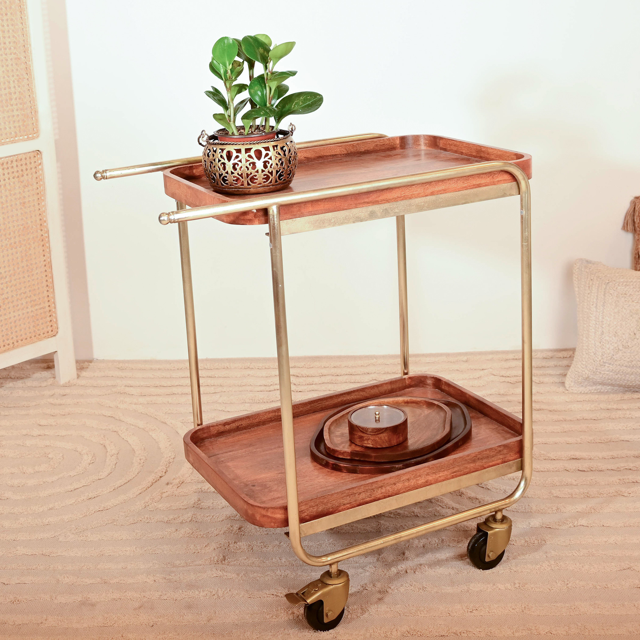 Crafted by Lifestyle Wooden Trolley with Iron Handle - 61x45x79 cm-household-kitchen-kitchenorganising-kitchentrolleys-image-1