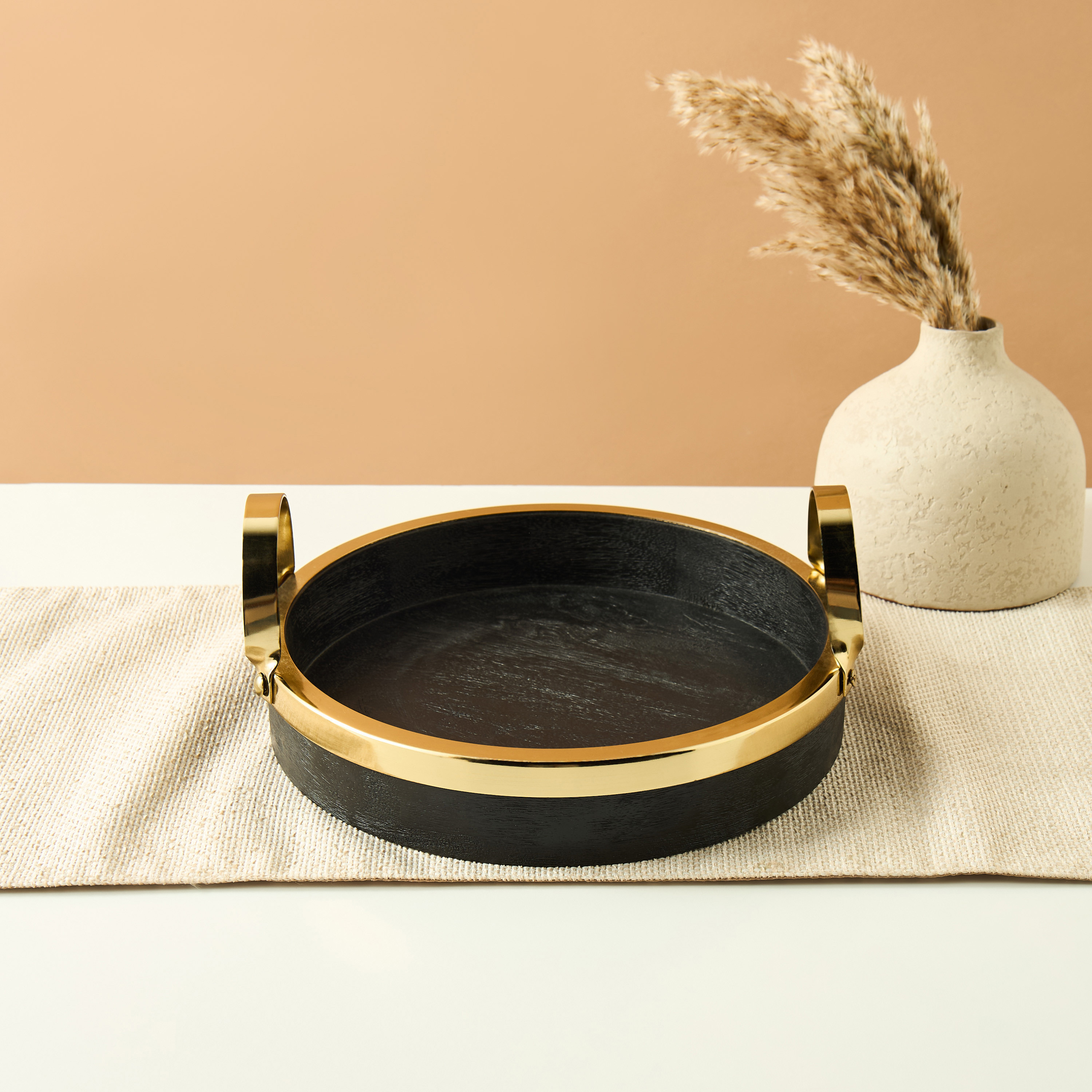 Decorative Wooden Bowl with Metallic Handle - 23 cms-household-decor-vasesandbowls-image-1