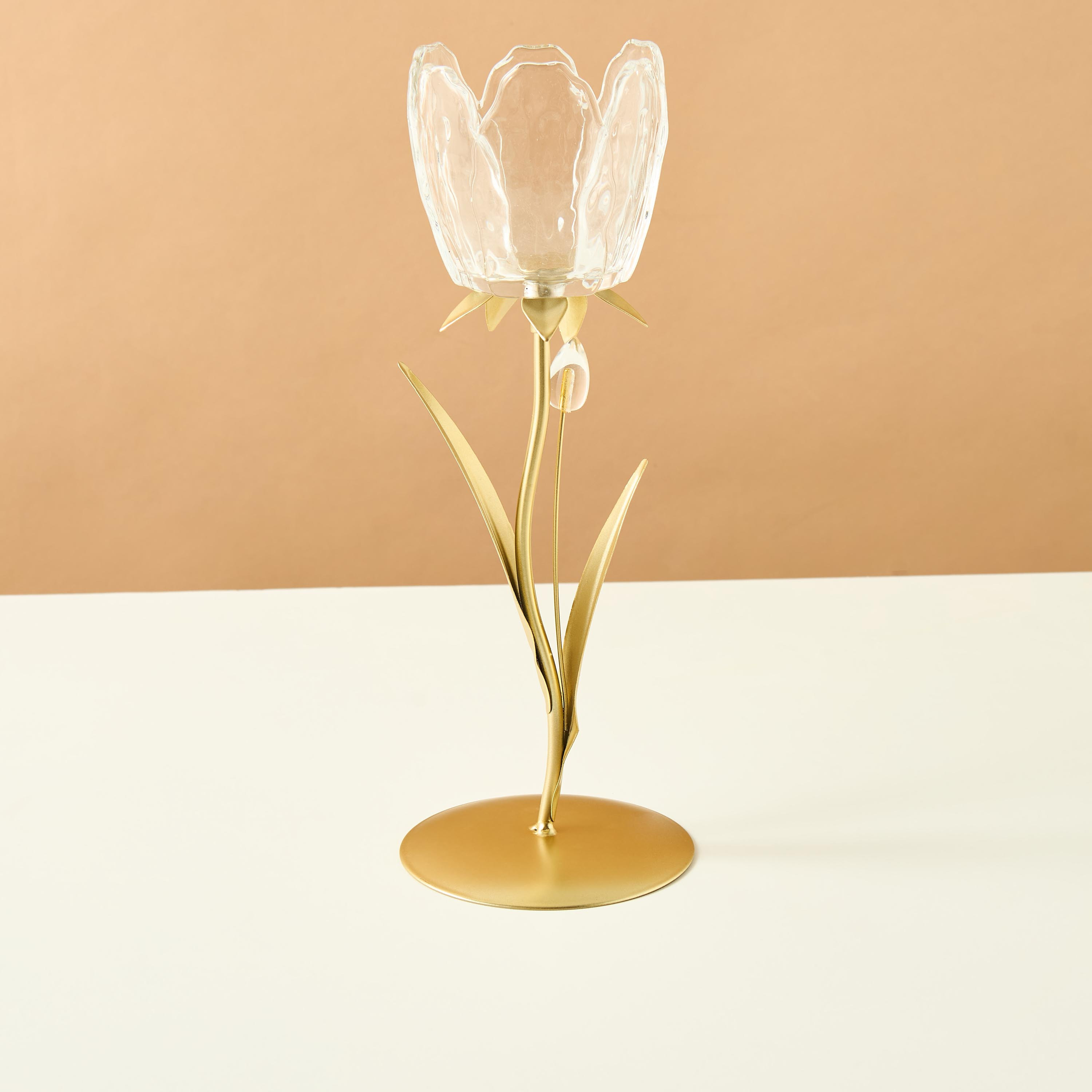 حامل شموع زجاجي ومعدني على شكل زهرة - 29 سم-household-decor-candleholdersandlanterns-image-2