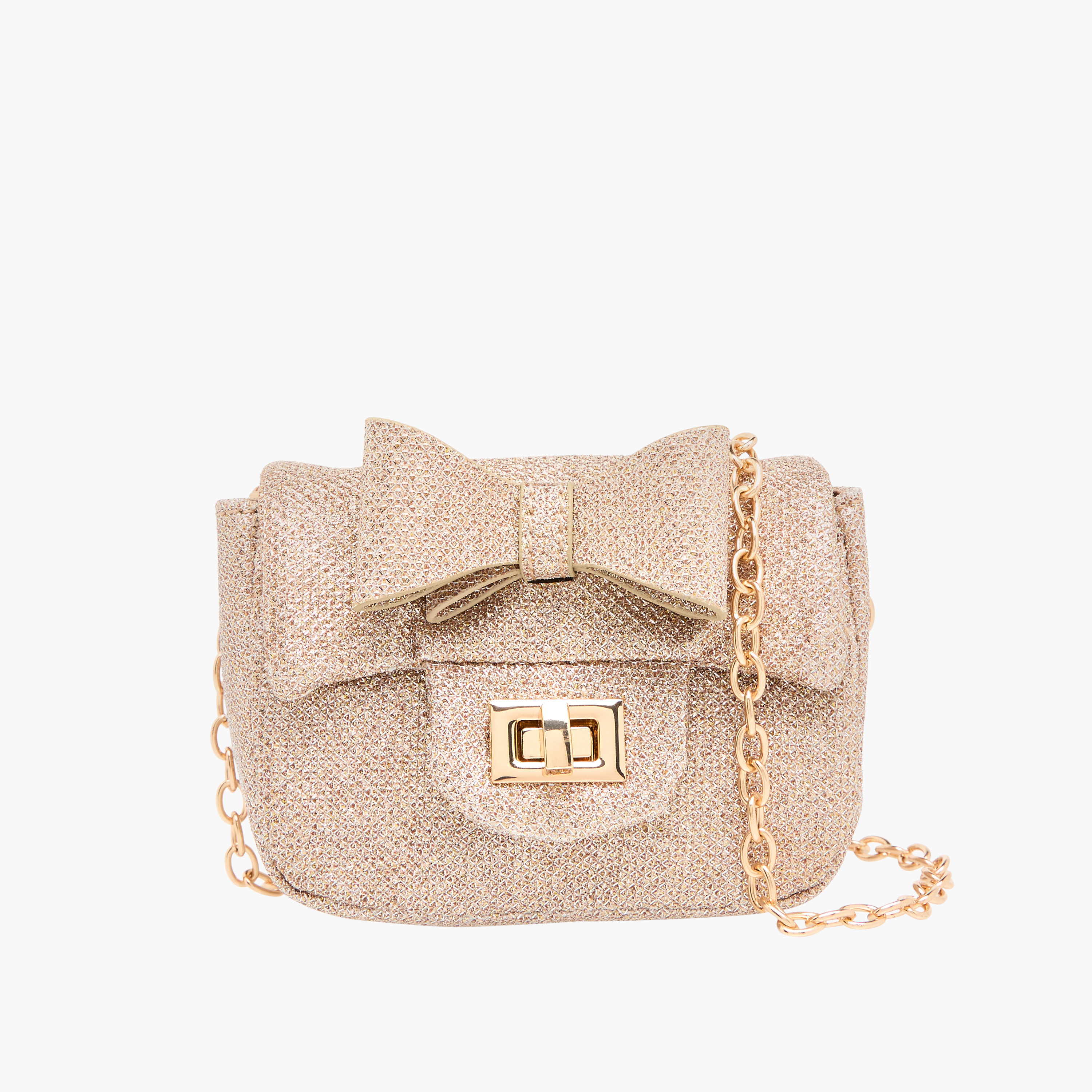 شنطة كروس بودي بفيونكة وبحزام سلسلة وزر إغلاق تويست من ليتل ميسي-girls-accessories-bags-image-1