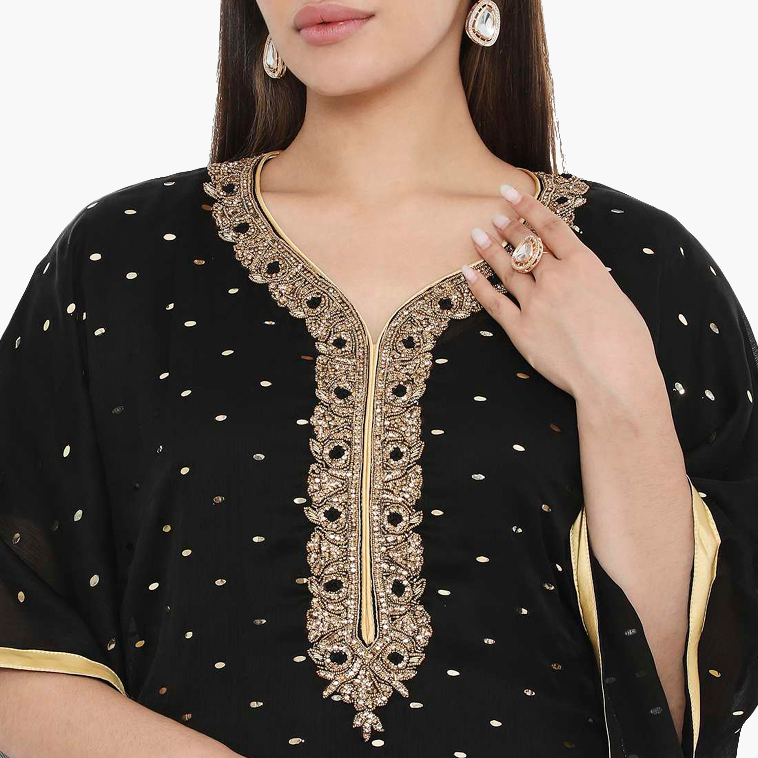 HanaandSara Black Foil Dot Print Embroidered Neck Kaftan Sleeves Women's Evening Jalabiya-women-clothing-dresses-image-2