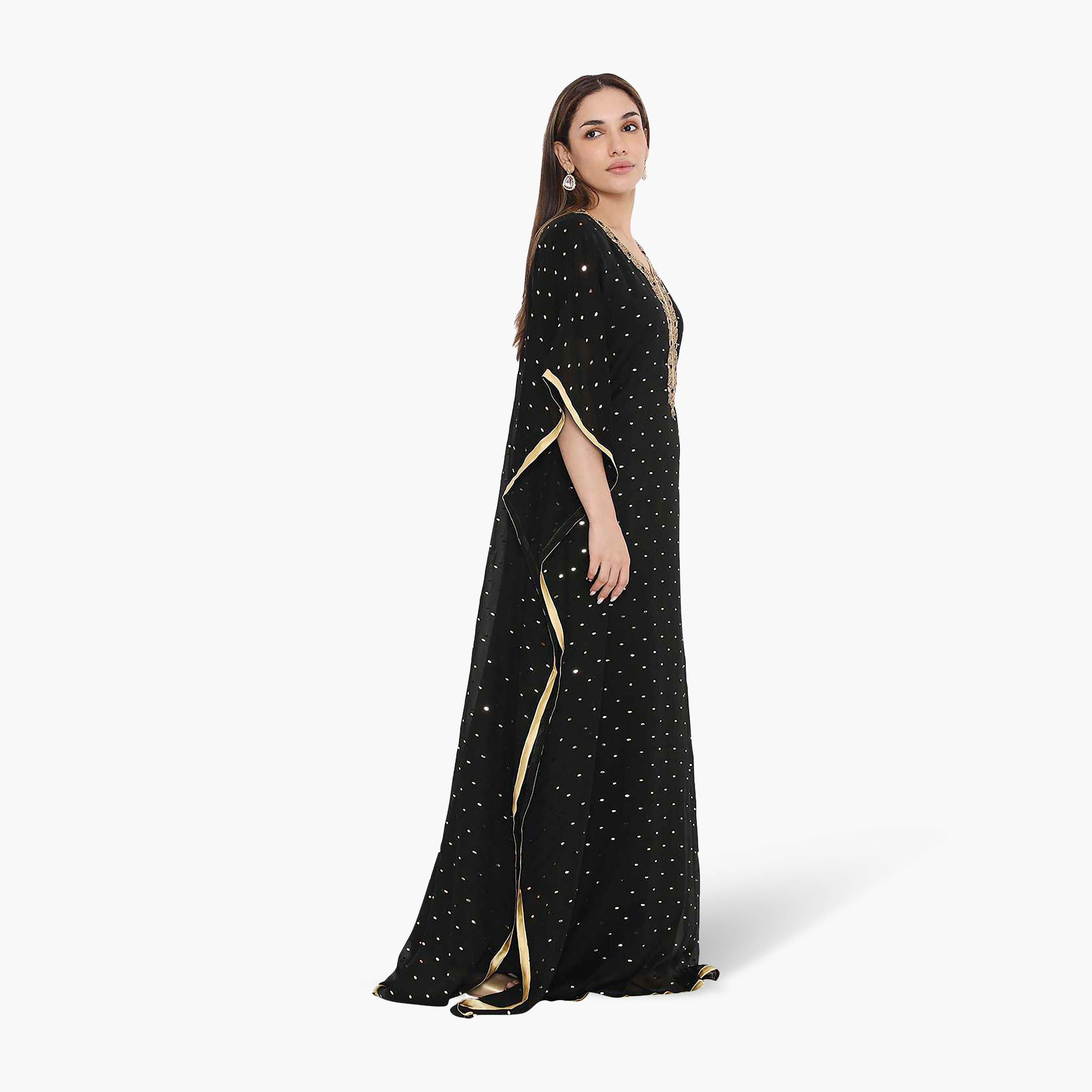 HanaandSara Black Foil Dot Print Embroidered Neck Kaftan Sleeves Women's Evening Jalabiya-women-clothing-dresses-image-4
