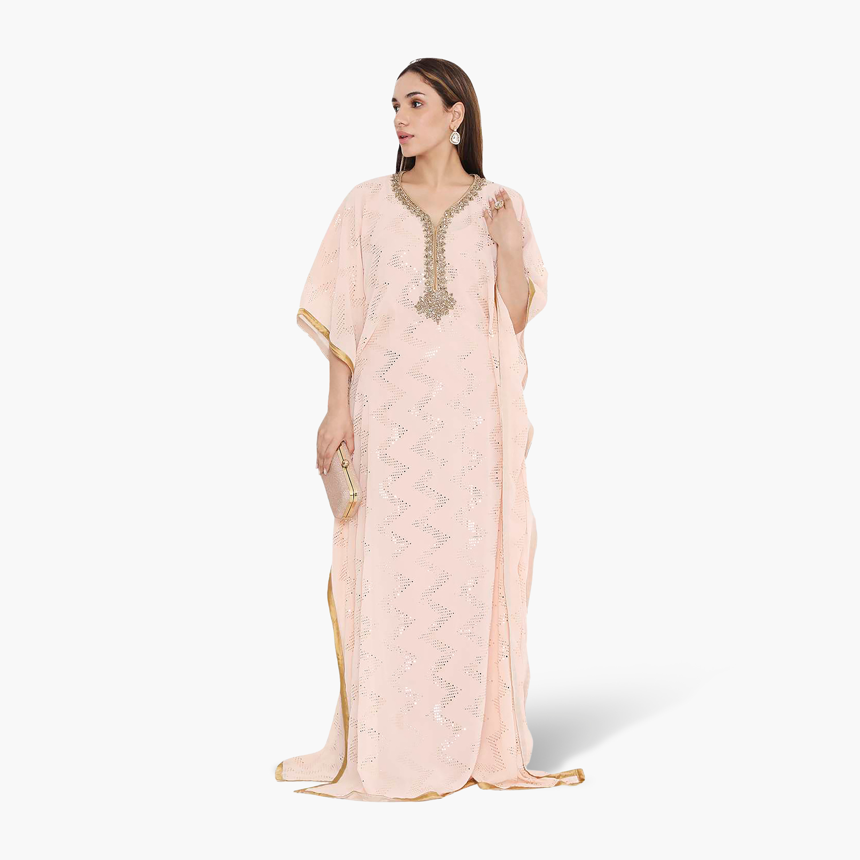 HanaandSara Peach Geometric Foil Print Embroidered Neck Kaftan Sleeves Women's Evening Jalabiya-women-clothing-dresses-image-1