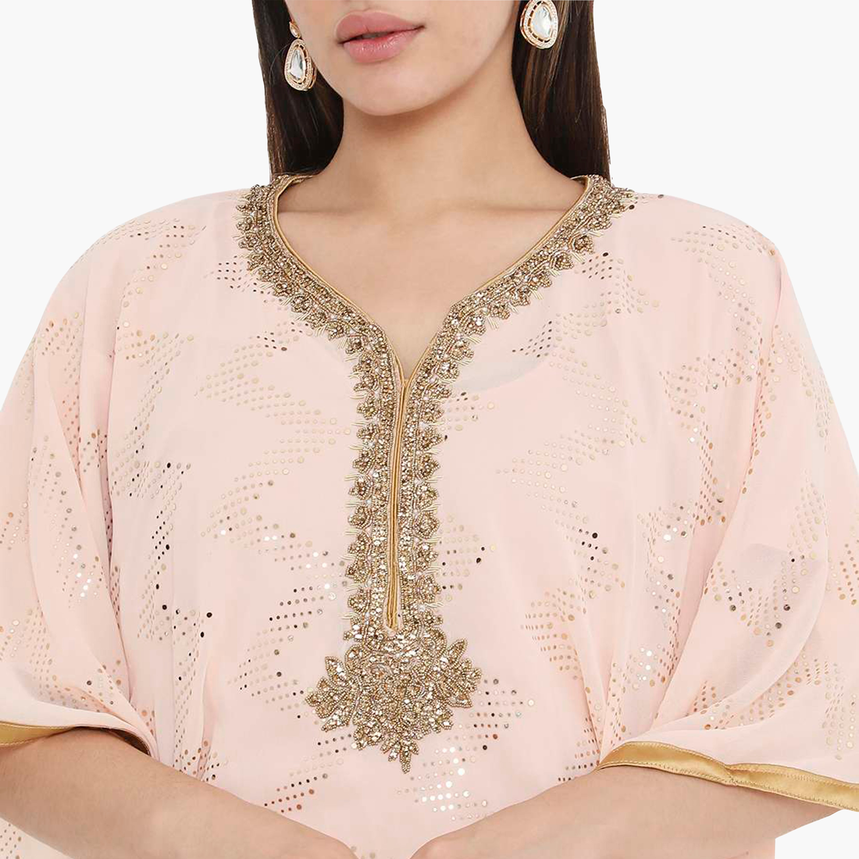 HanaandSara Peach Geometric Foil Print Embroidered Neck Kaftan Sleeves Women's Evening Jalabiya-women-clothing-dresses-image-2