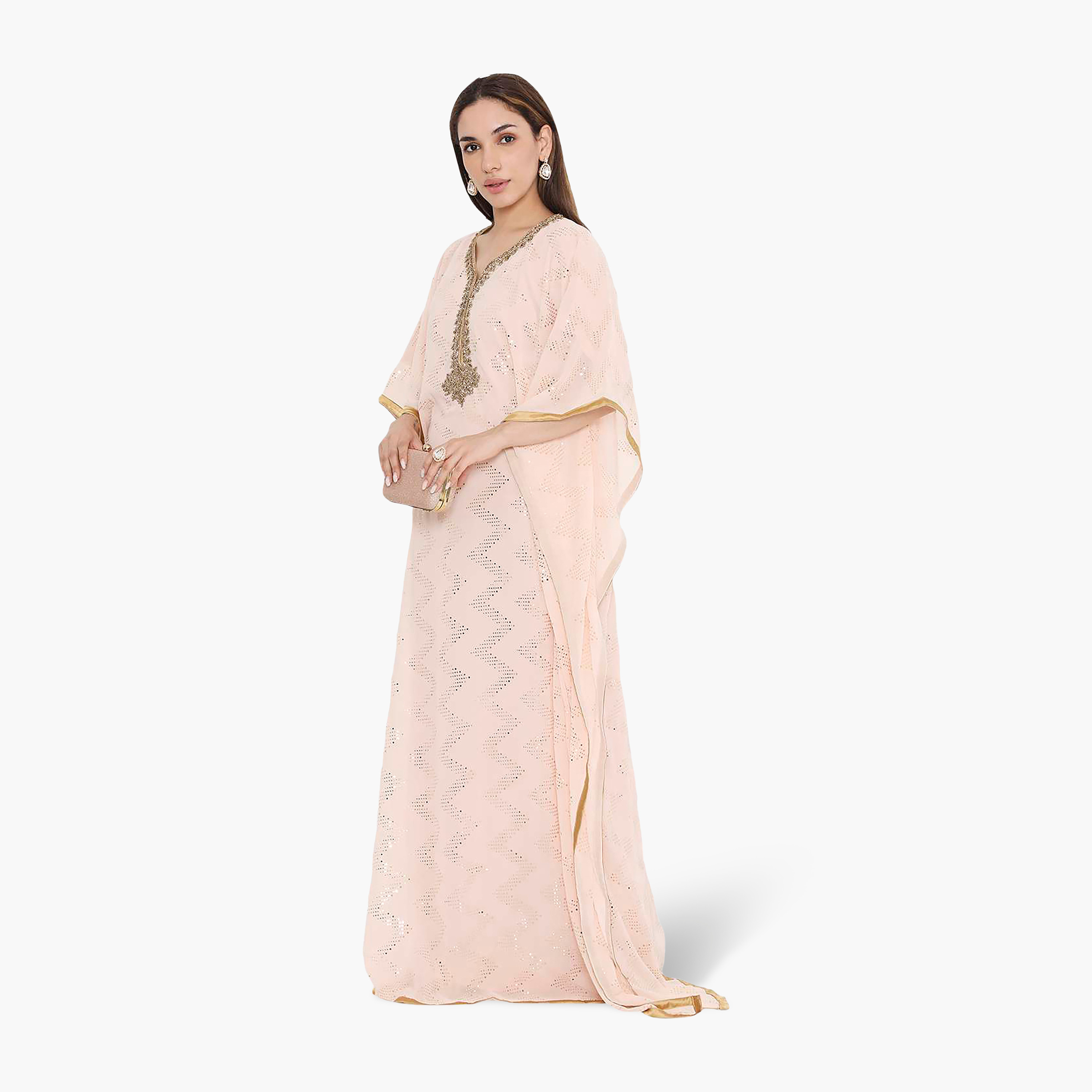 HanaandSara Peach Geometric Foil Print Embroidered Neck Kaftan Sleeves Women's Evening Jalabiya-women-clothing-dresses-image-3