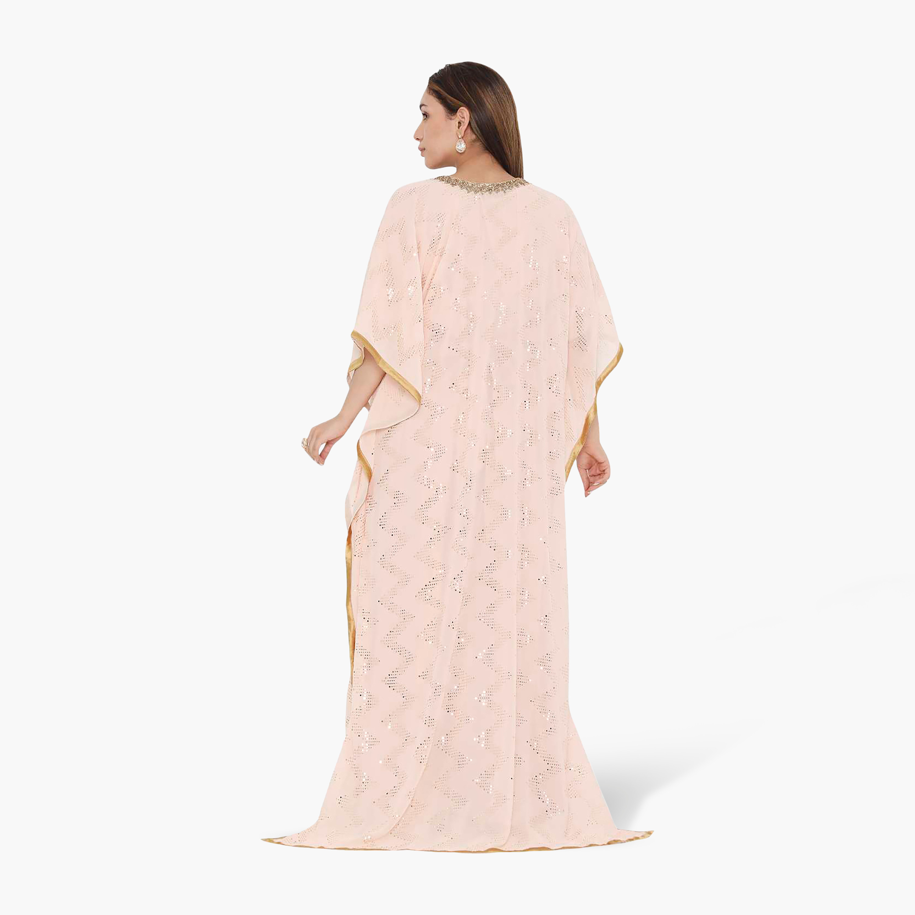 HanaandSara Peach Geometric Foil Print Embroidered Neck Kaftan Sleeves Women's Evening Jalabiya-women-clothing-dresses-image-4