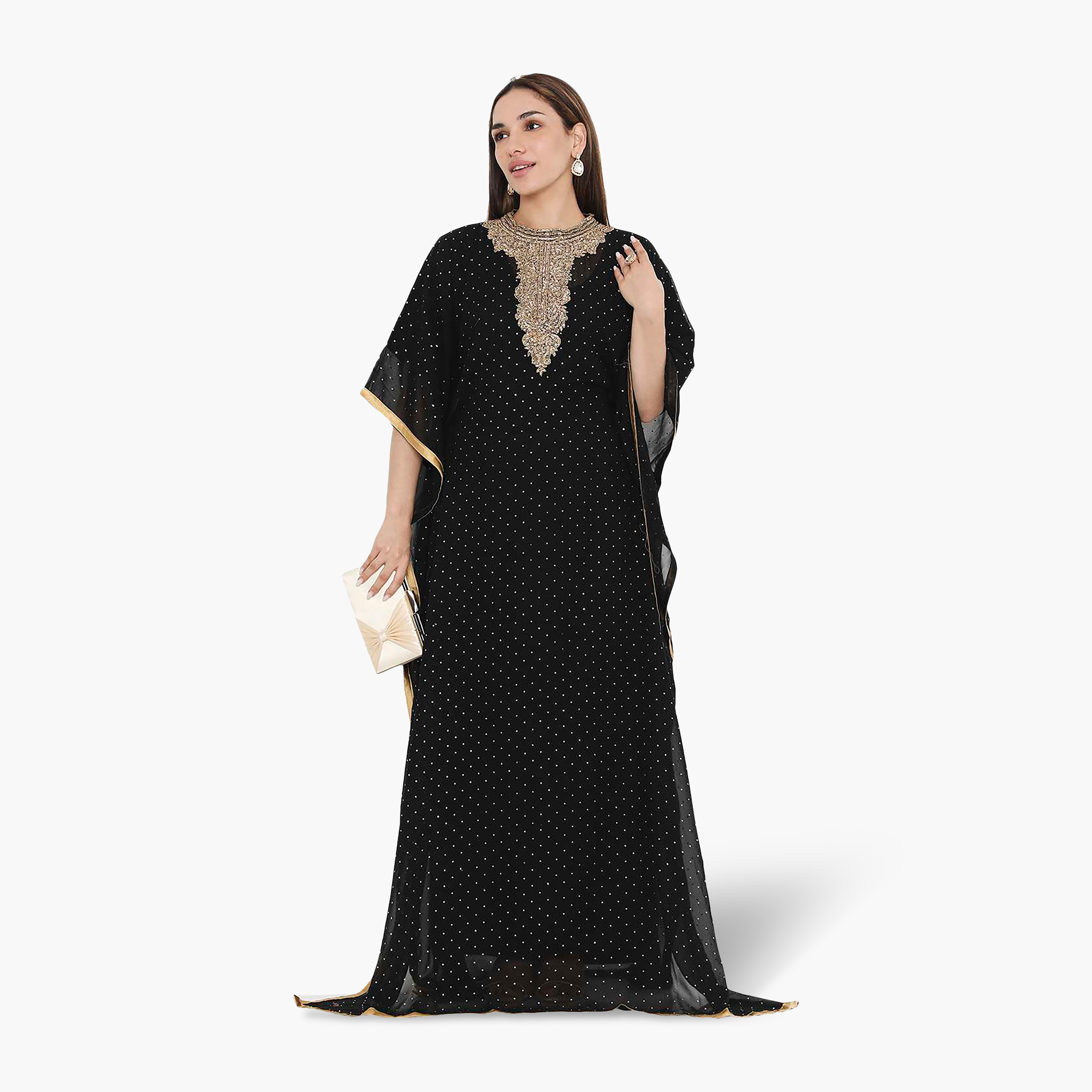 HanaandSara Black Foil Dot Print Beaded Neck Kaftan Sleeves Women's Evening Jalabiya-women-arabicclothing-jalabiyas-image-1
