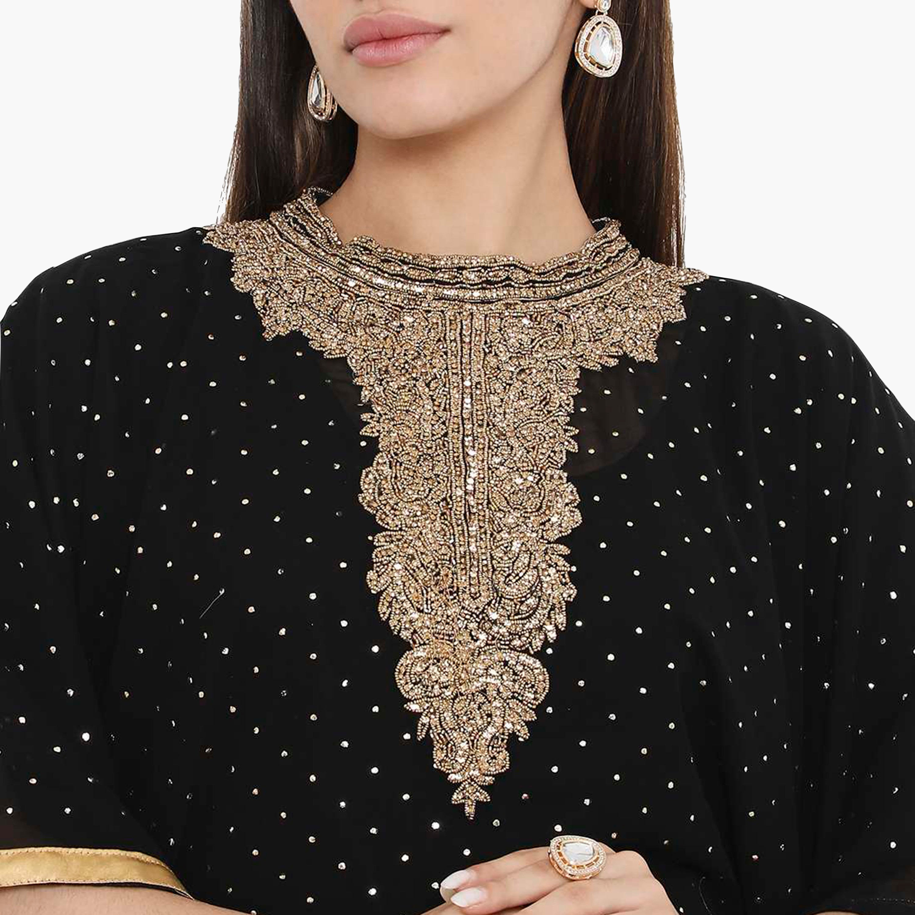 HanaandSara Black Foil Dot Print Beaded Neck Kaftan Sleeves Women's Evening Jalabiya-women-arabicclothing-jalabiyas-image-2