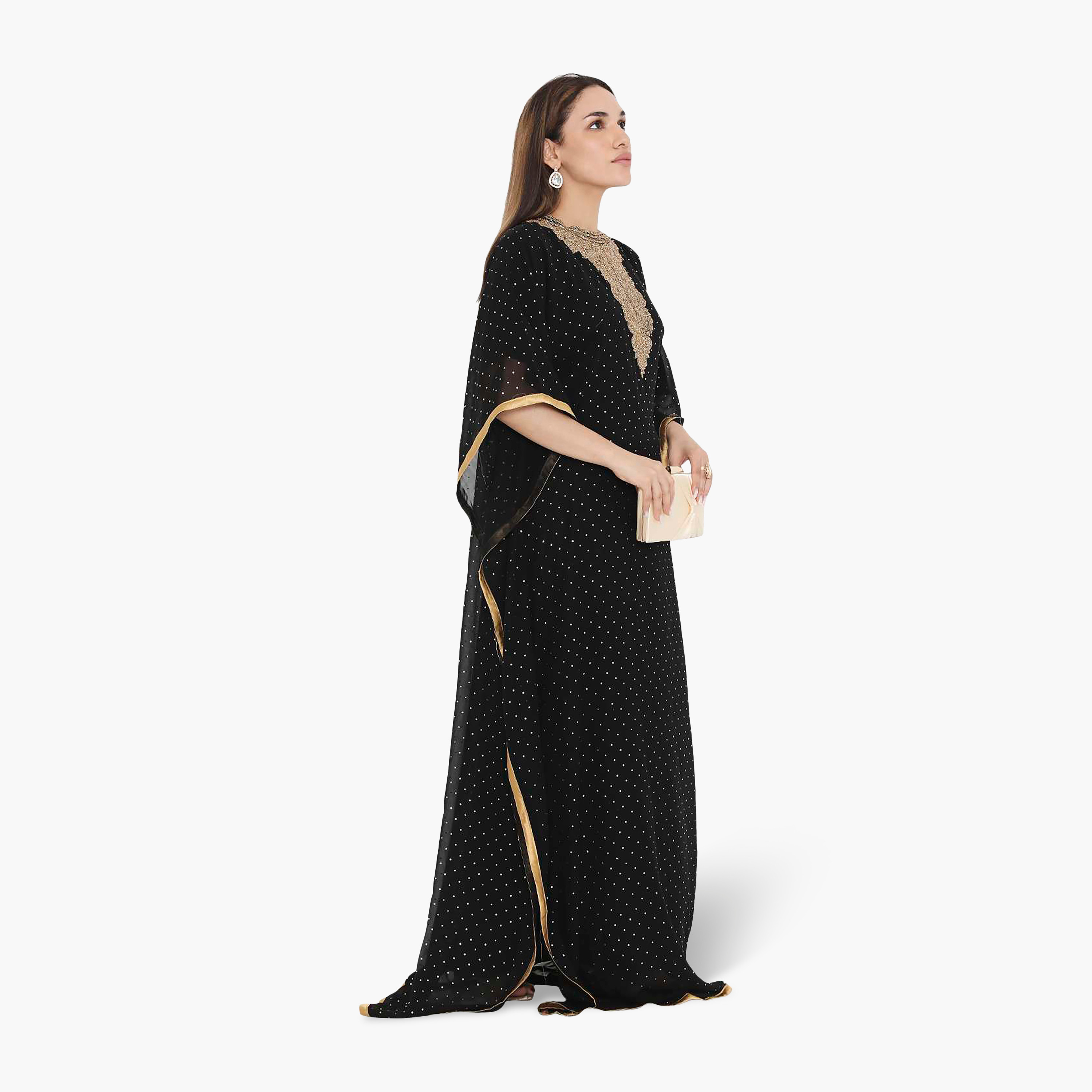 HanaandSara Black Foil Dot Print Beaded Neck Kaftan Sleeves Women's Evening Jalabiya-women-arabicclothing-jalabiyas-image-3