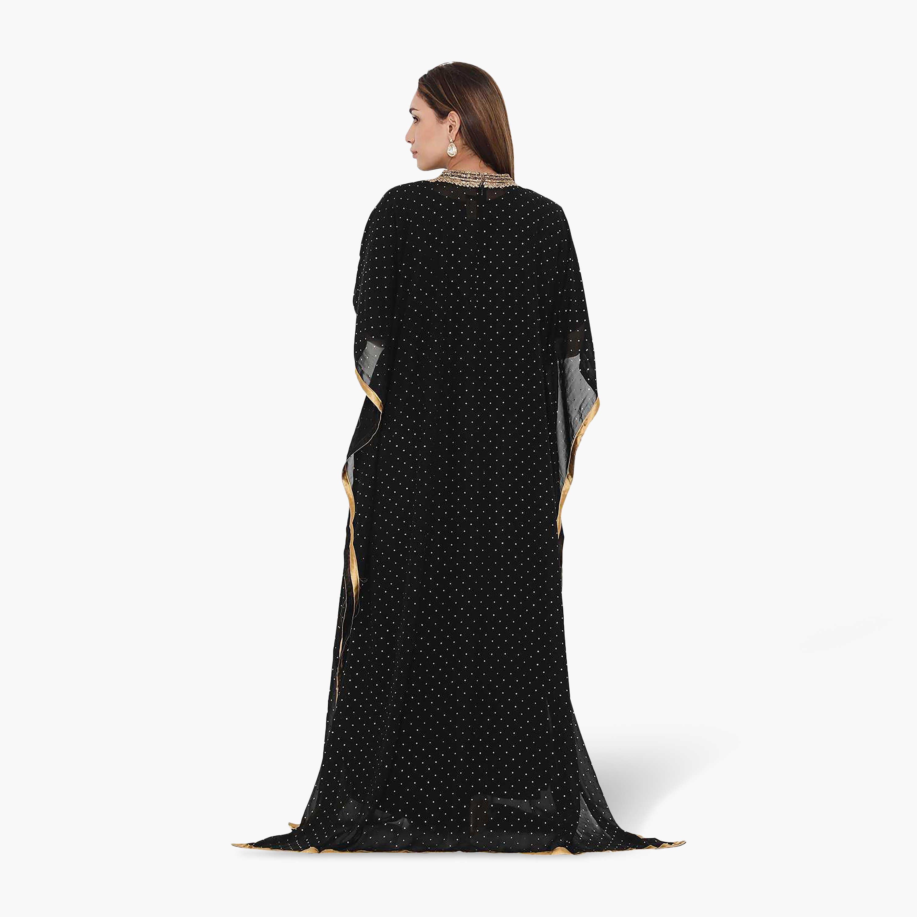HanaandSara Black Foil Dot Print Beaded Neck Kaftan Sleeves Women's Evening Jalabiya-women-arabicclothing-jalabiyas-image-5