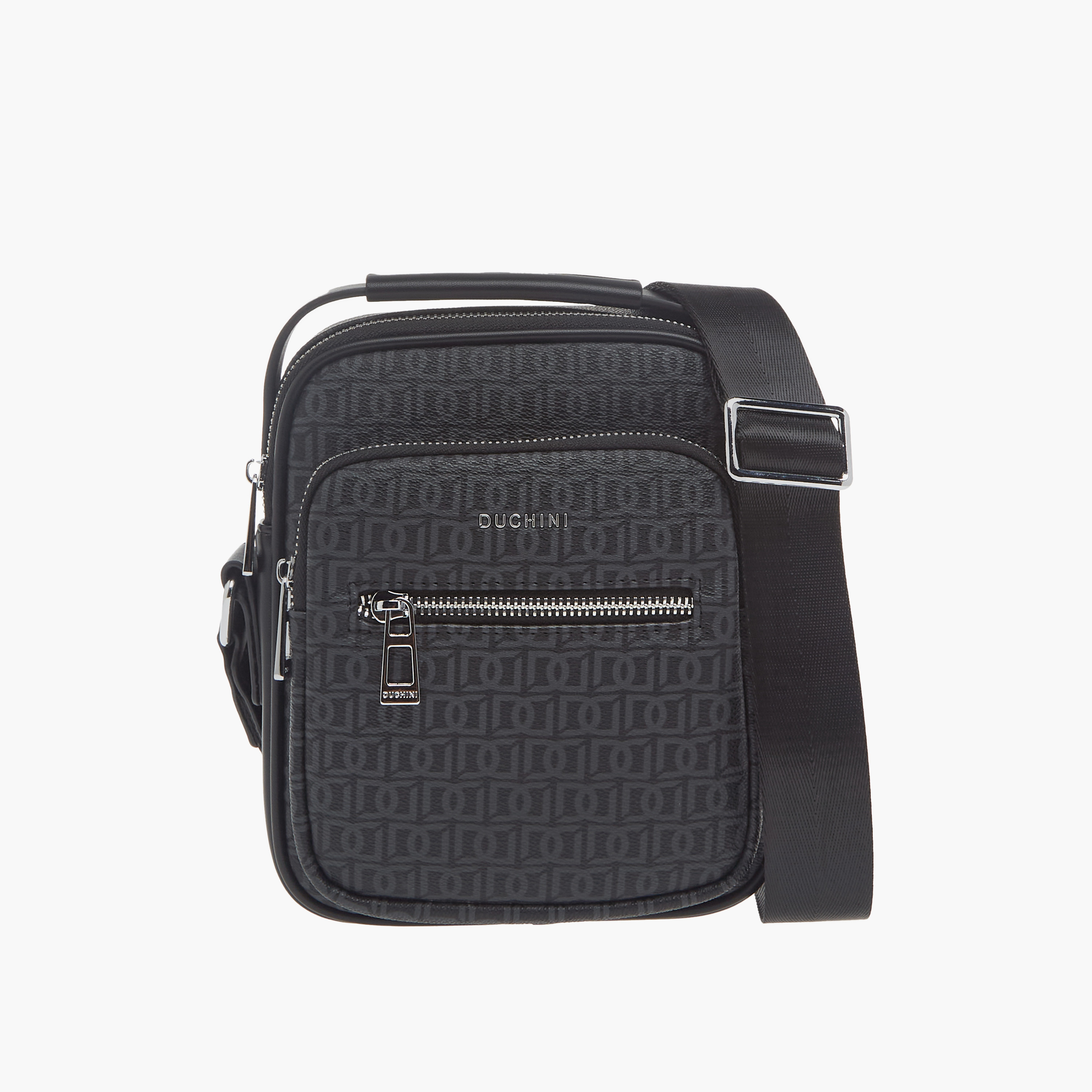 Duchini Monogram Print Crossbody Bag with Zip Closure and Adjustable Strap-men-bags-image-1