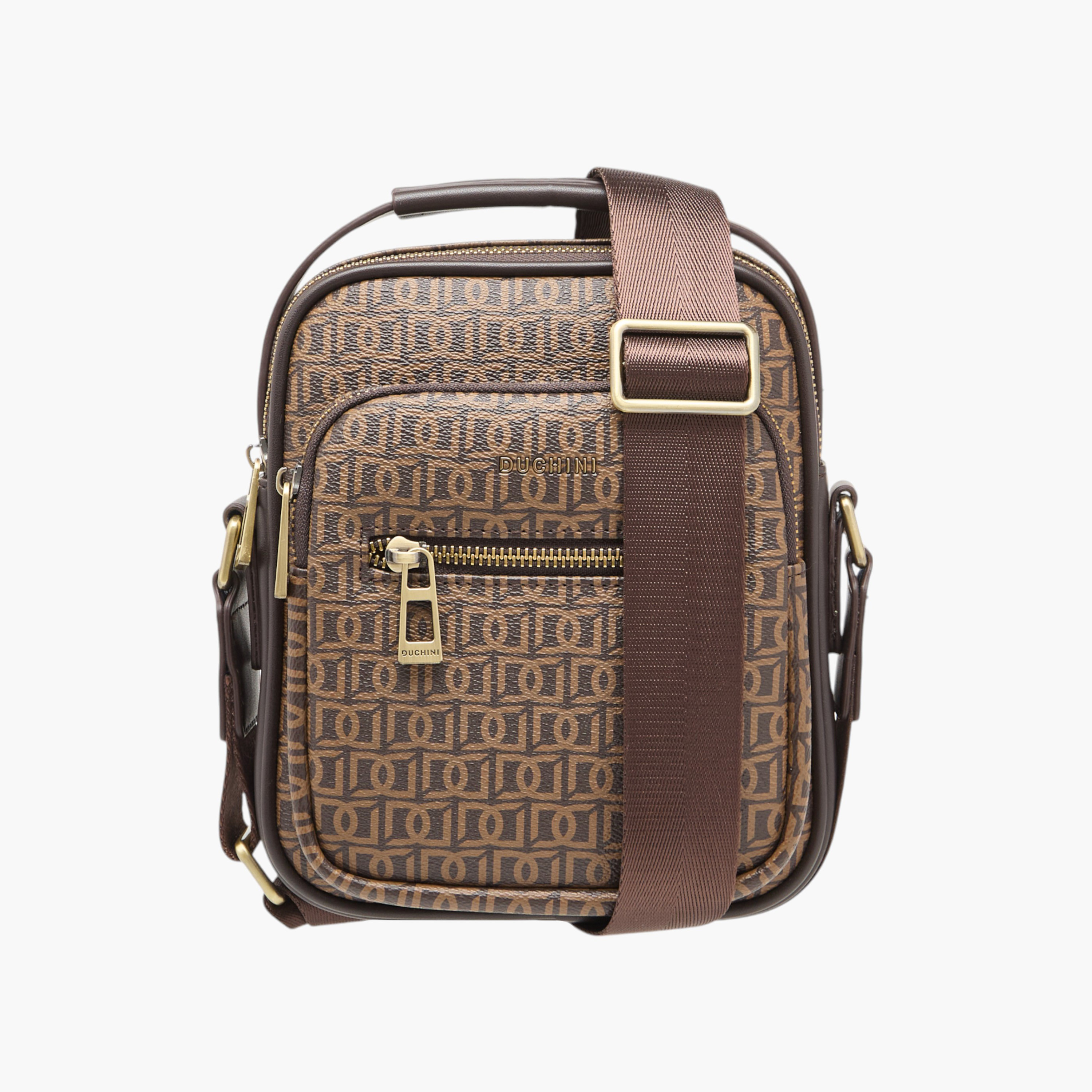 Duchini Monogram Print Crossbody Bag with Zip Closure and Adjustable Strap-men-bags-image-1