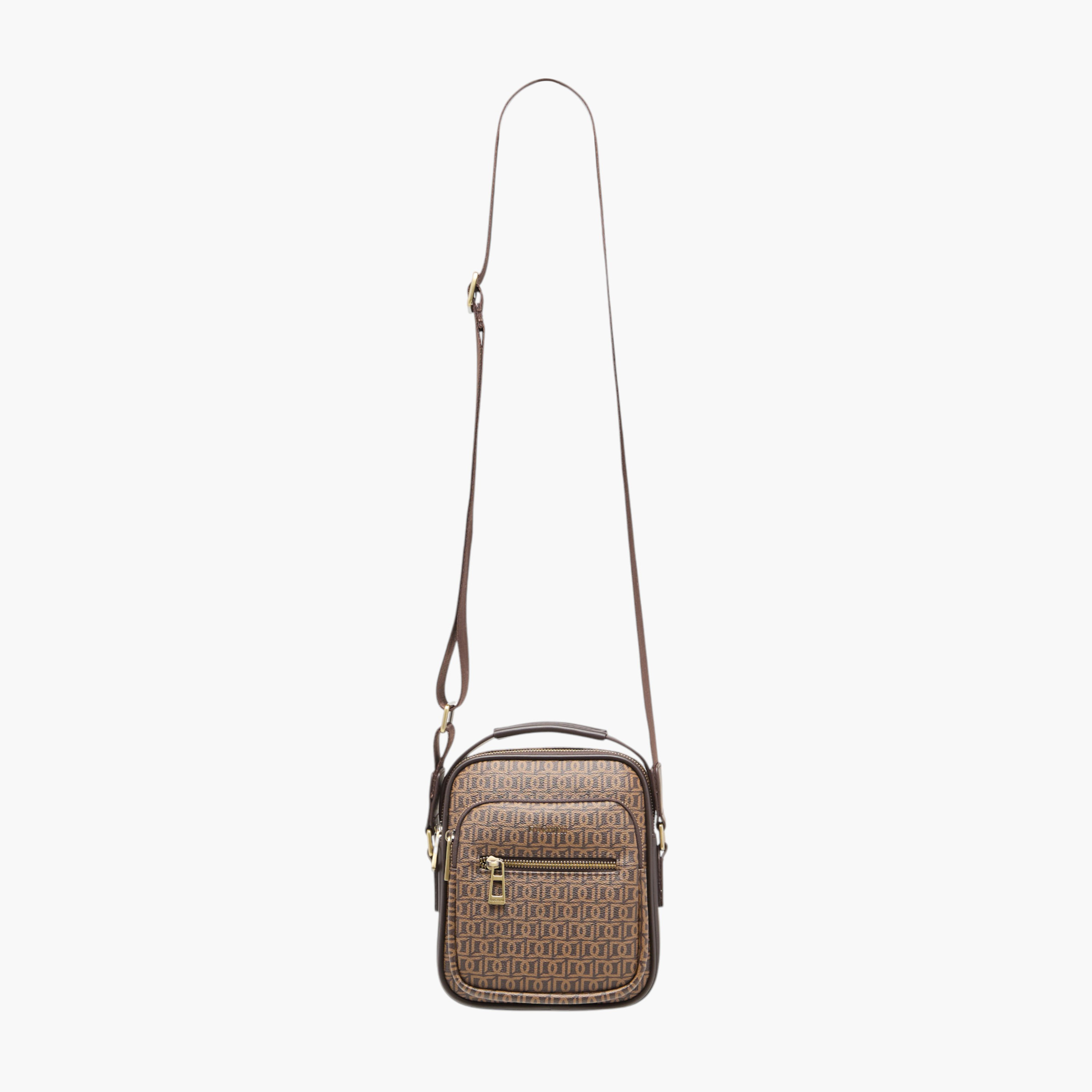 Duchini Monogram Print Crossbody Bag with Zip Closure and Adjustable Strap-men-bags-image-2