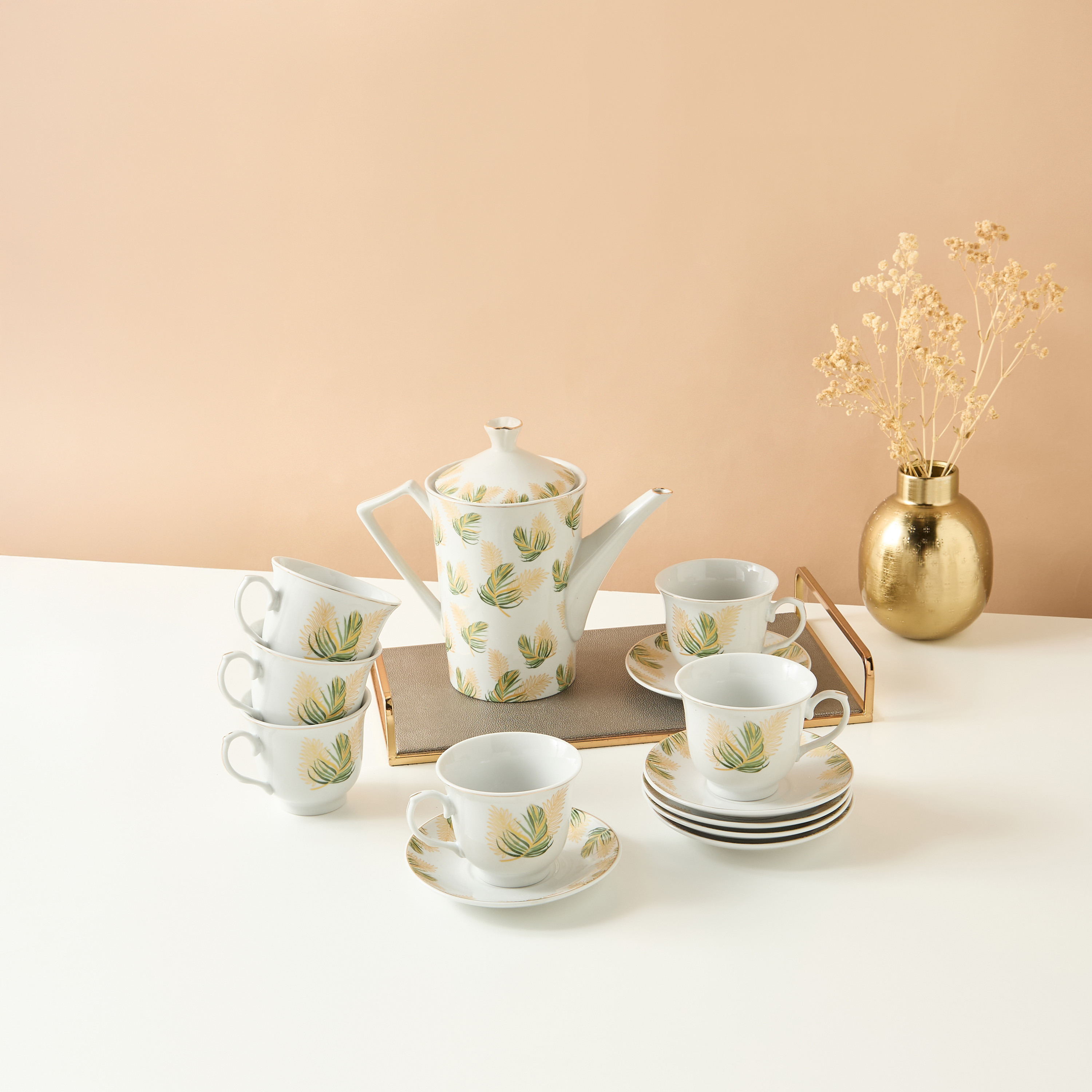 Palm Printed 13-Piece Cup and Saucer Set with Teapot-household-dining-teaandcoffee-teaandcoffeesets-image-1