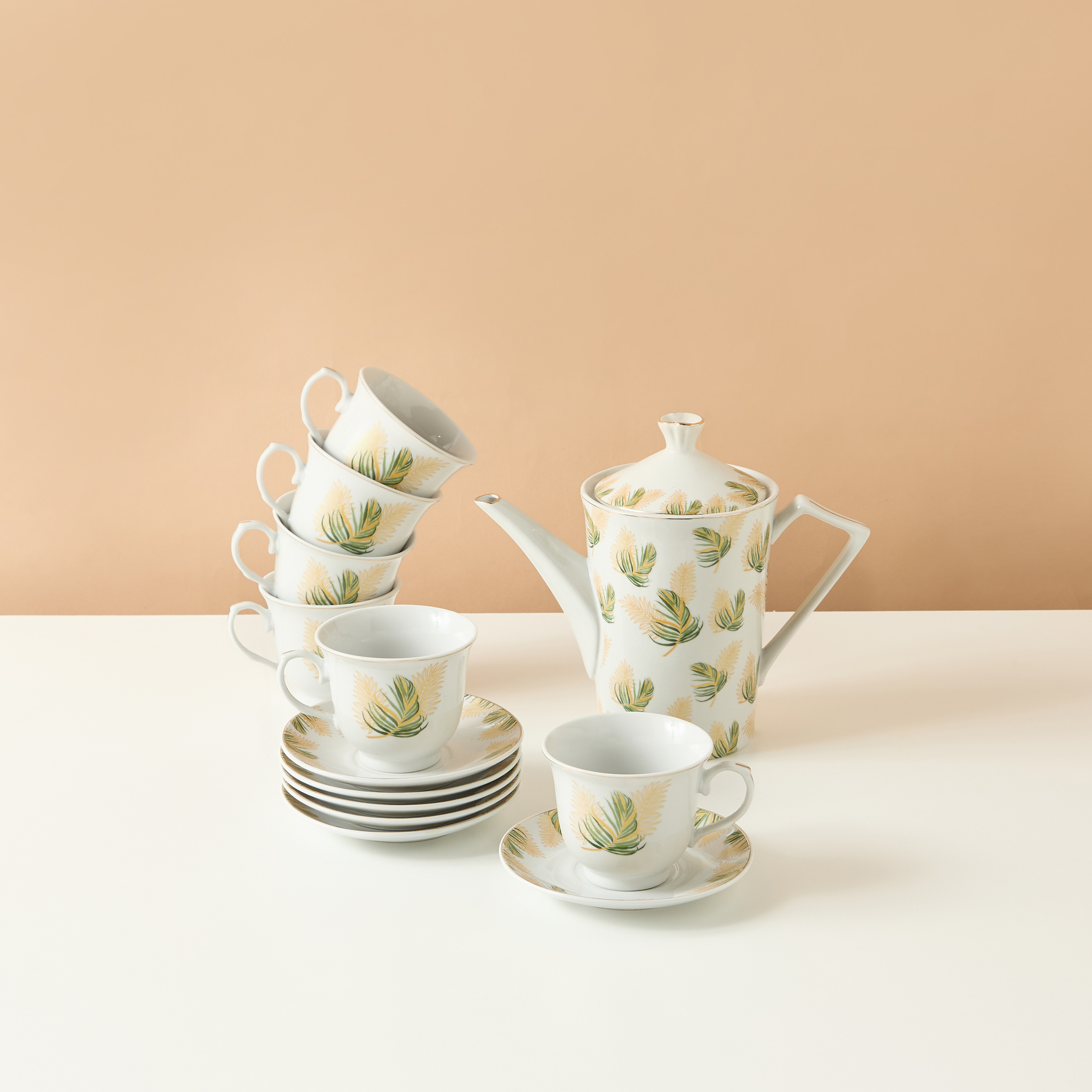 Palm Printed 13-Piece Cup and Saucer Set with Teapot-household-dining-teaandcoffee-teaandcoffeesets-image-2