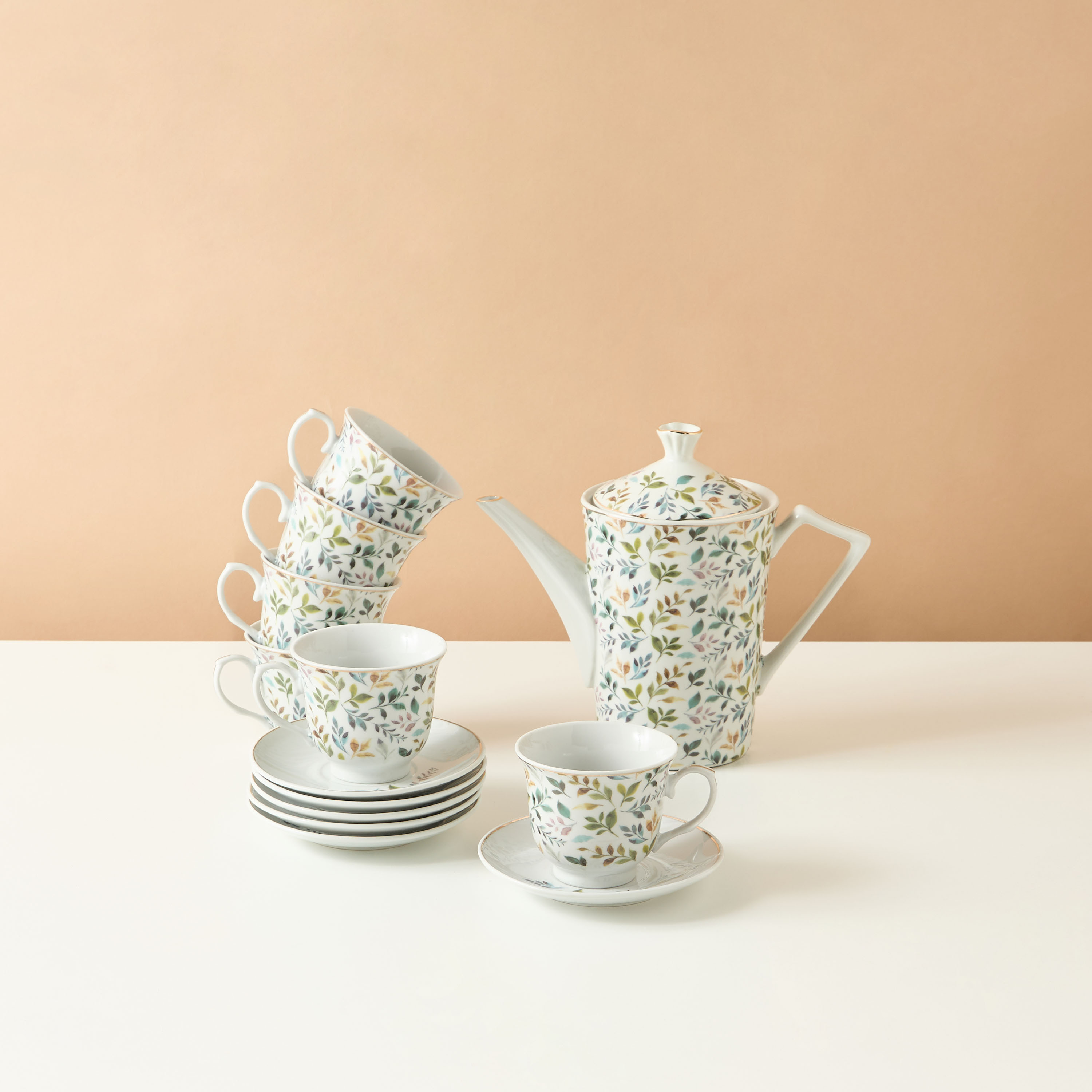 Botanic 13-Piece Leaf Print Porcelain Cup and Saucer Set-household-dining-teaandcoffee-teaandcoffeesets-image-4