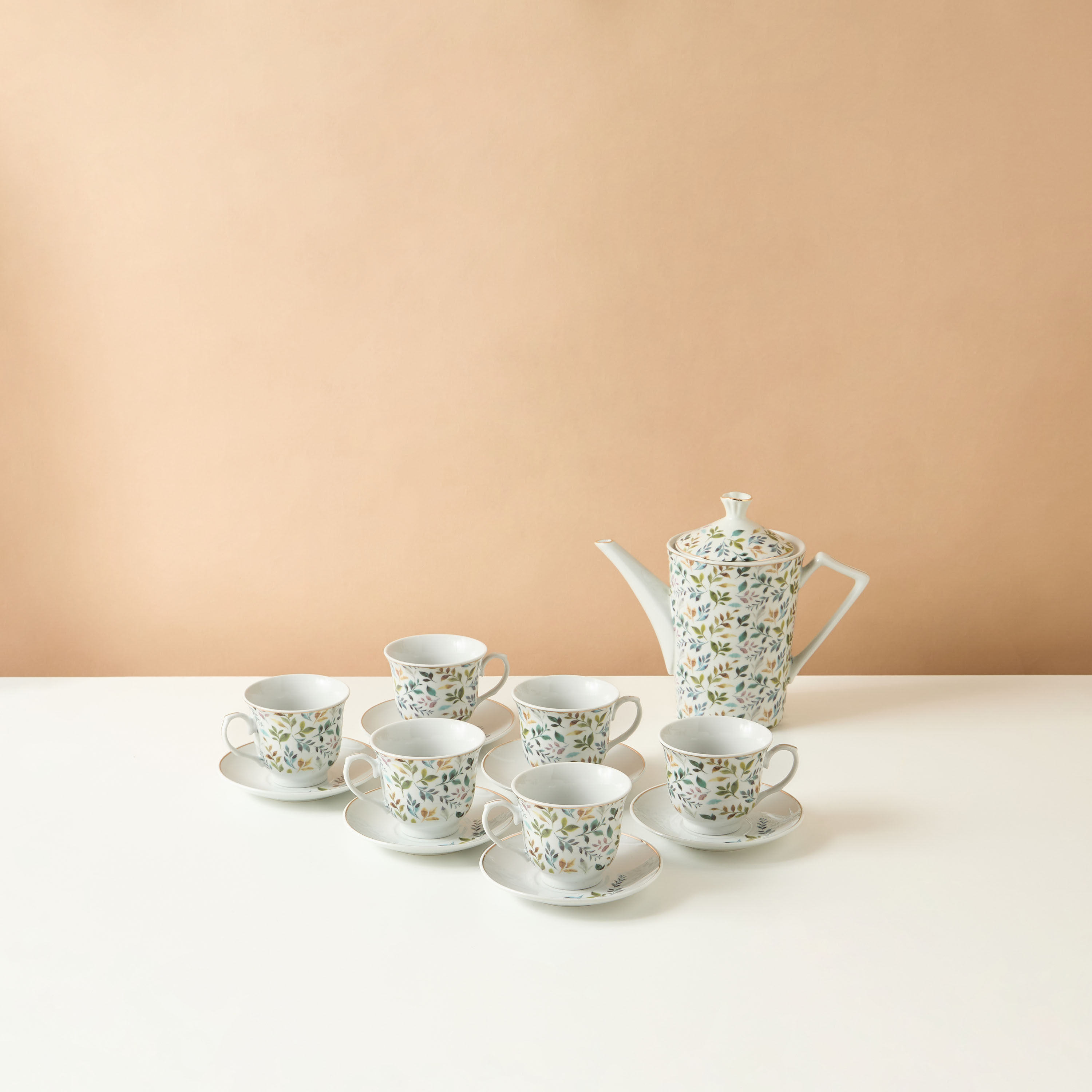 Botanic 13-Piece Leaf Print Porcelain Cup and Saucer Set-household-dining-teaandcoffee-teaandcoffeesets-image-1