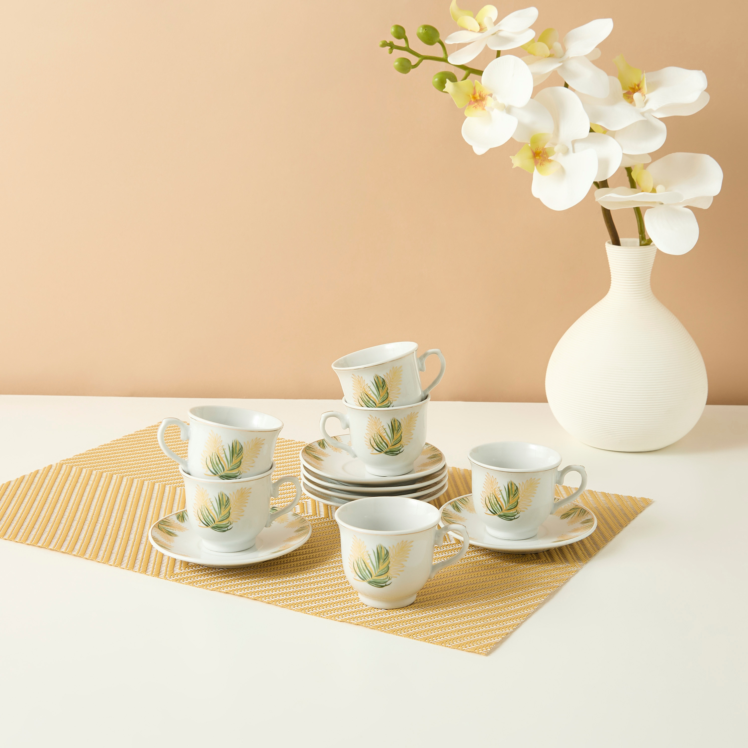 Palm 12-Piece Printed Porcelain Coffee Set-household-dining-teaandcoffee-teaandcoffeesets-image-1