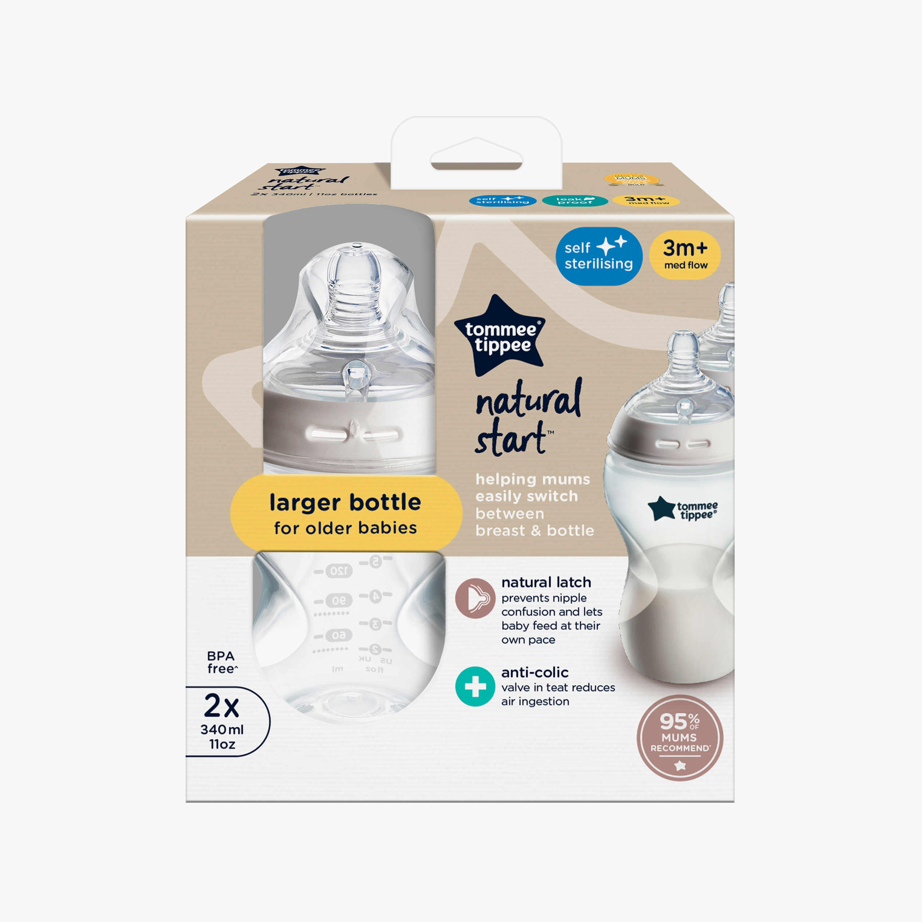 Tommee Tippee 2-Piece Closer To Nature Feeding Bottles - White - 340 ml-baby-feeding-feedingbottles-bottlesandteats-image-2