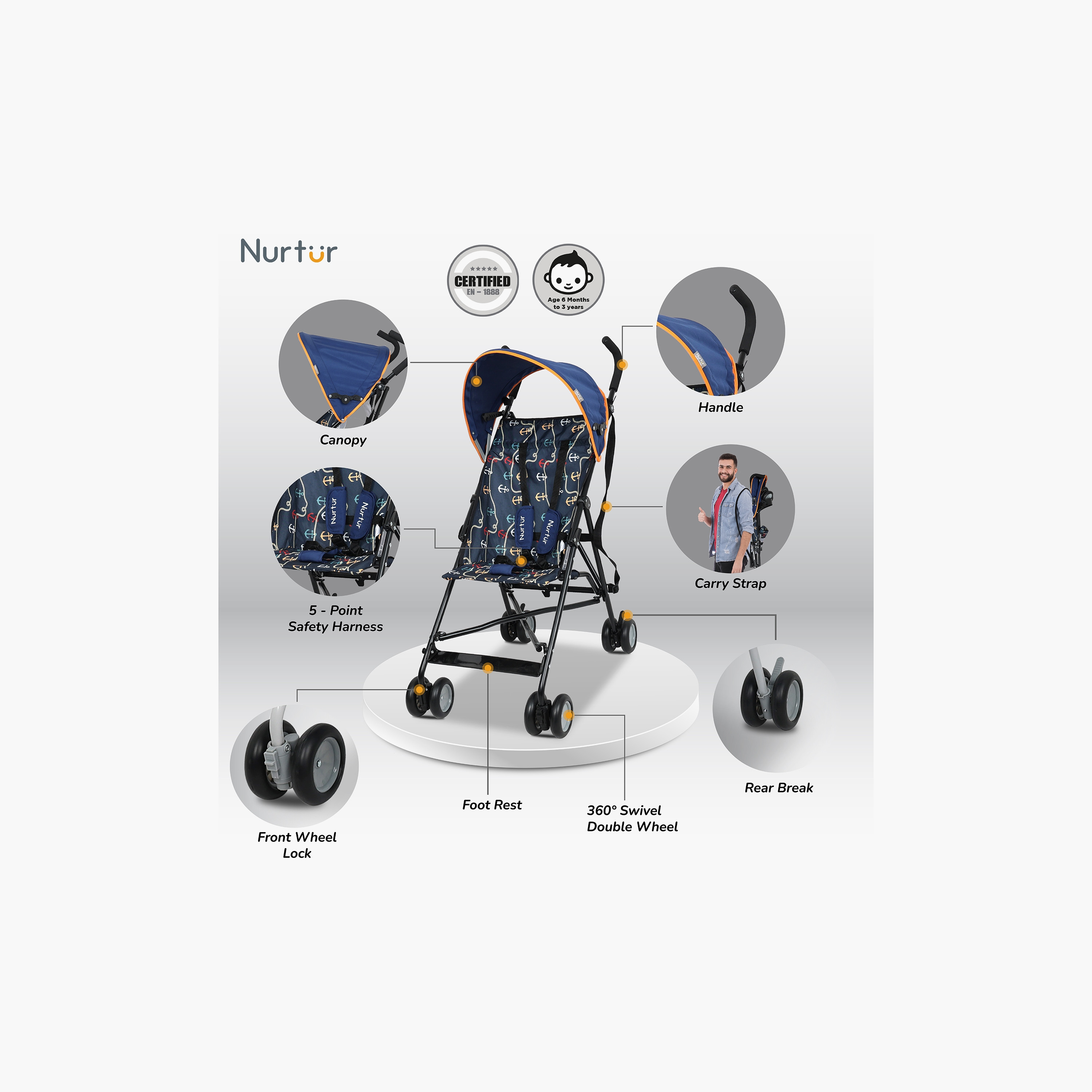 عربة أطفال خفيفة الوزن مريحة ريكس من نيرتور  - باللون الأزرق-baby-gear-strollersandprams-buggies-image-2