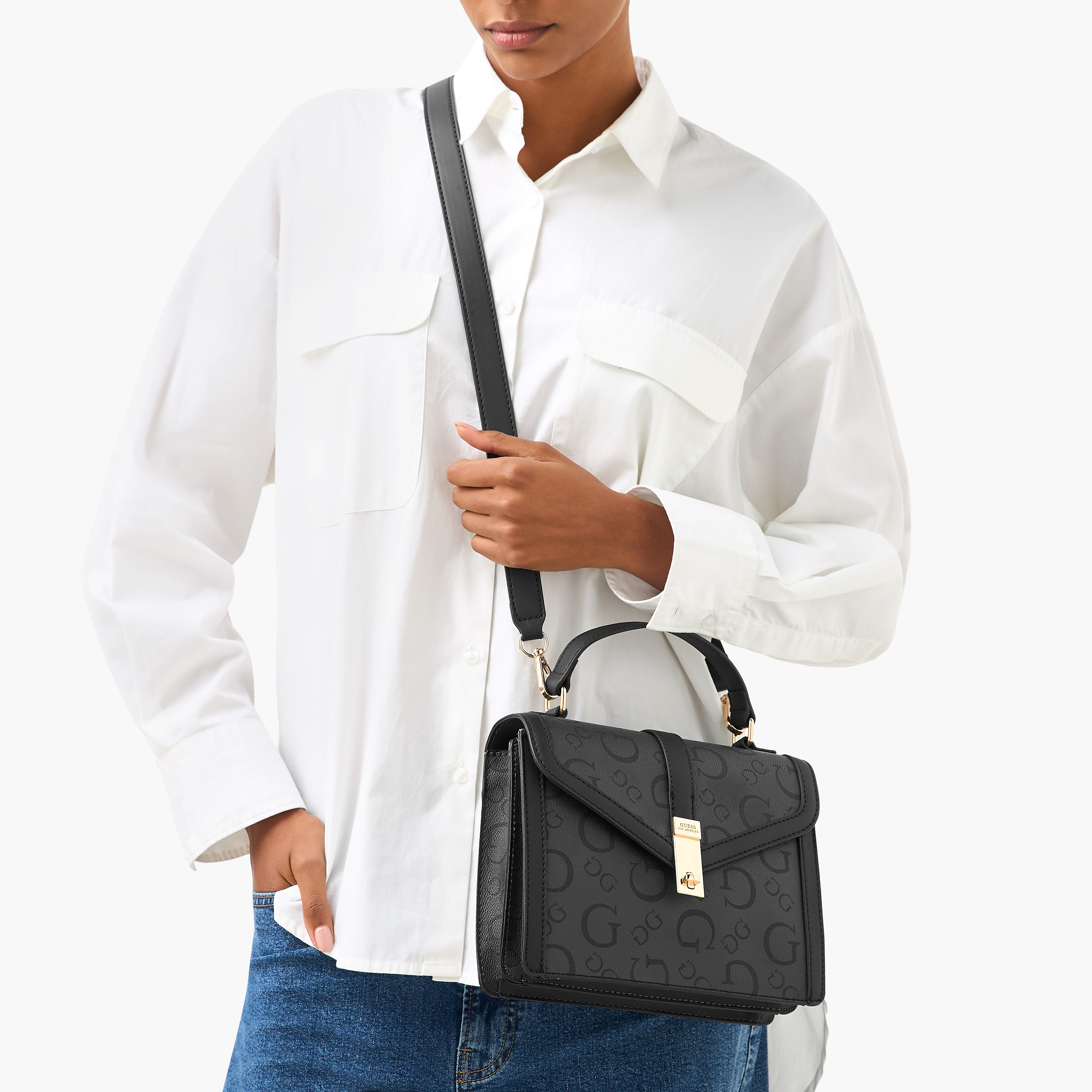 Guess Delvin Monogram Print Crossbody Bag with Flap Closure-women-bagsandwallets-handbags-image-2