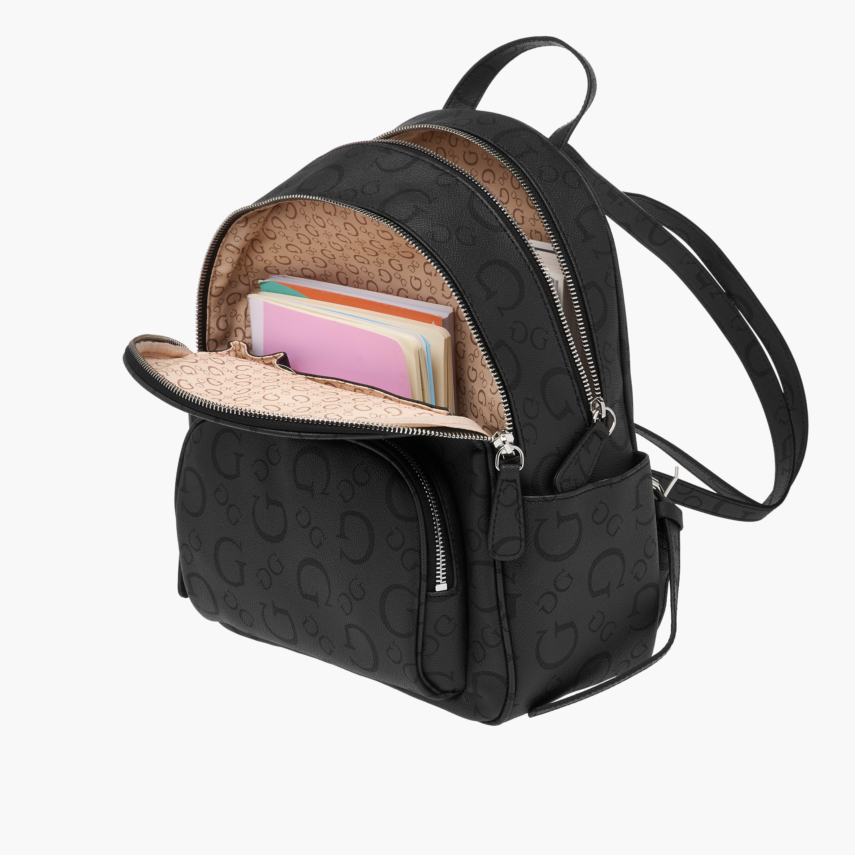 Guess Shanewood Monogram Textured Backpack with Zip Closure - 27x7x18 cm-women-bagsandwallets-handbags-image-7