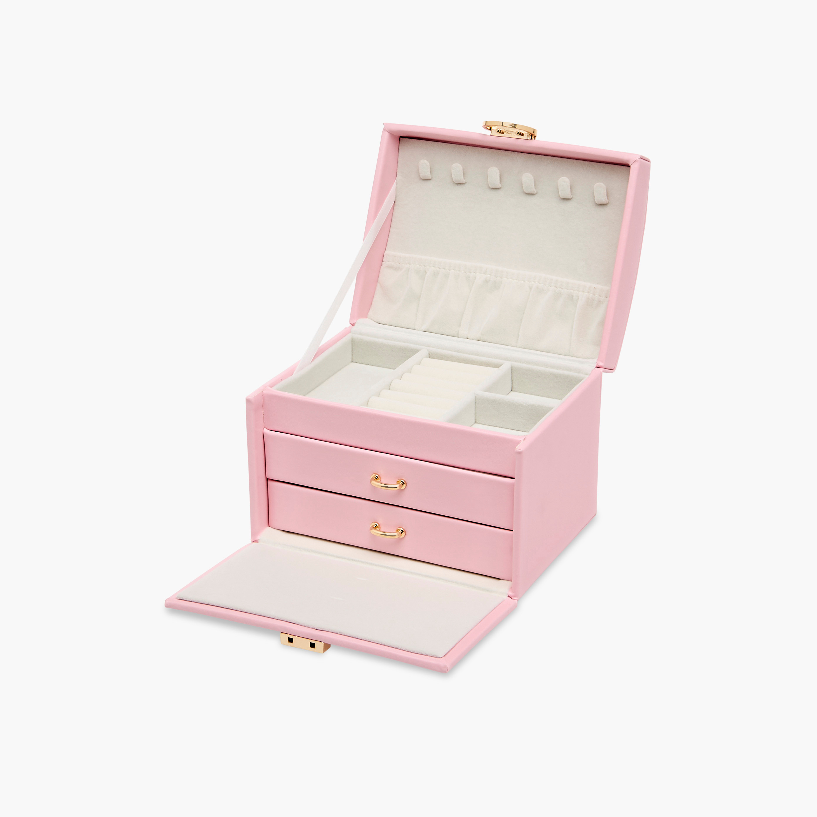 صندوق مجوهرات سادة بطبقات مع مقبض - 18x14x13 سم-women-watchesandjewellery-jewellery-storage-image-2