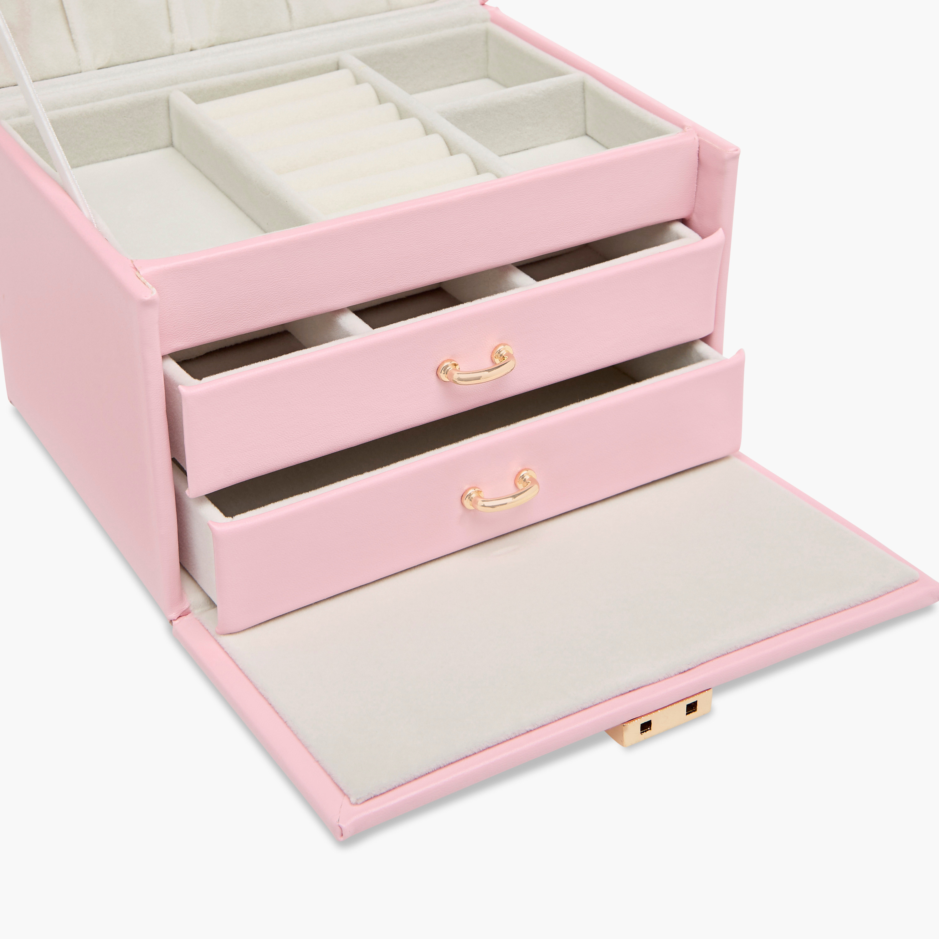 صندوق مجوهرات سادة بطبقات مع مقبض - 18x14x13 سم-women-watchesandjewellery-jewellery-storage-image-4