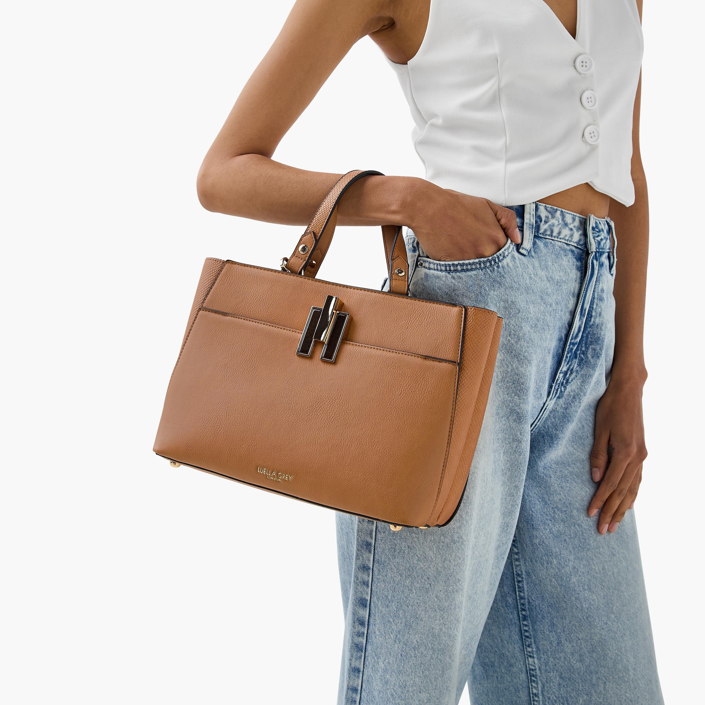 شنطة توت بارزة الملمس بزر إغلاق وحزام قابل للفصل من لويلا جراي-women-bagsandwallets-handbags-image-2