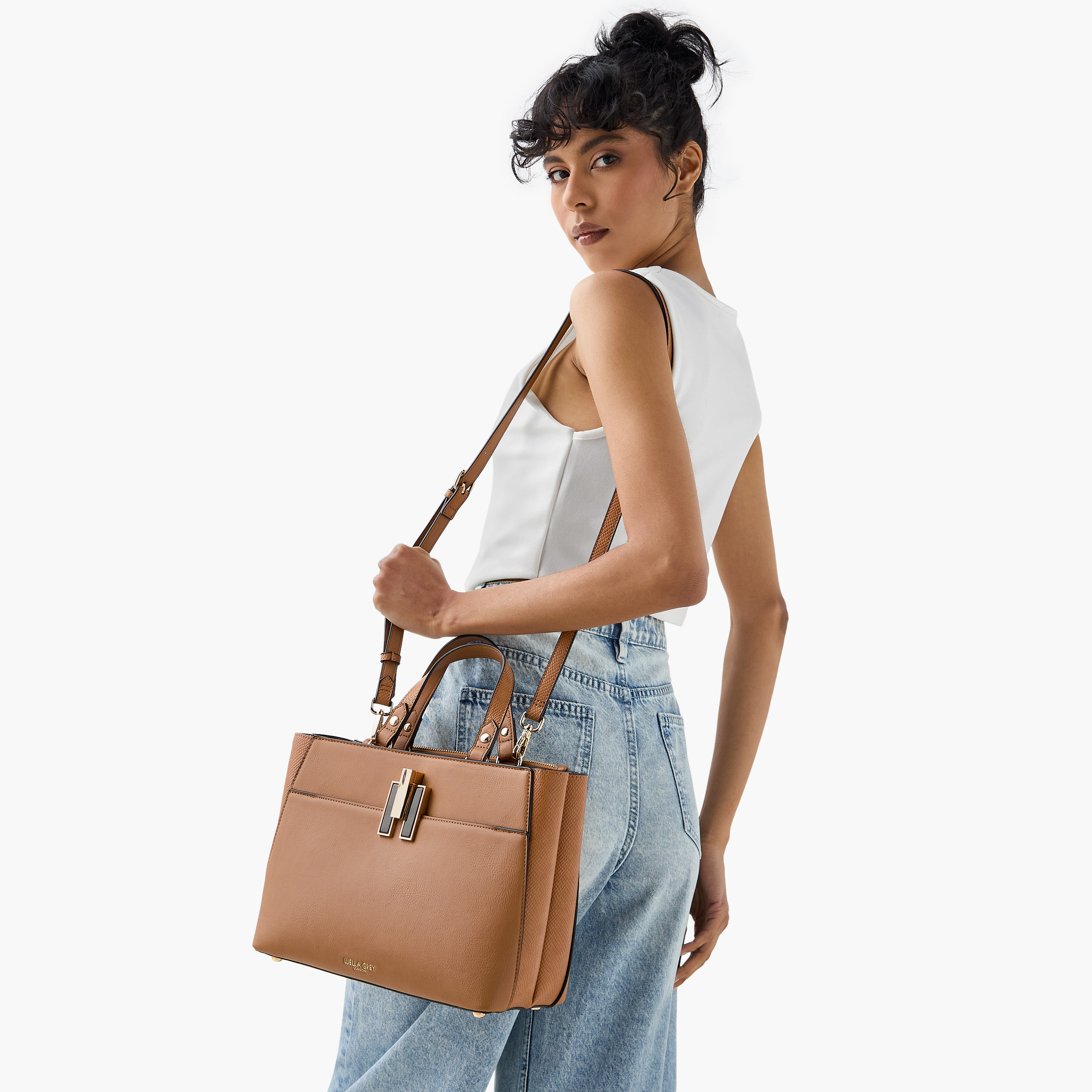 شنطة توت بارزة الملمس بزر إغلاق وحزام قابل للفصل من لويلا جراي-women-bagsandwallets-handbags-image-3