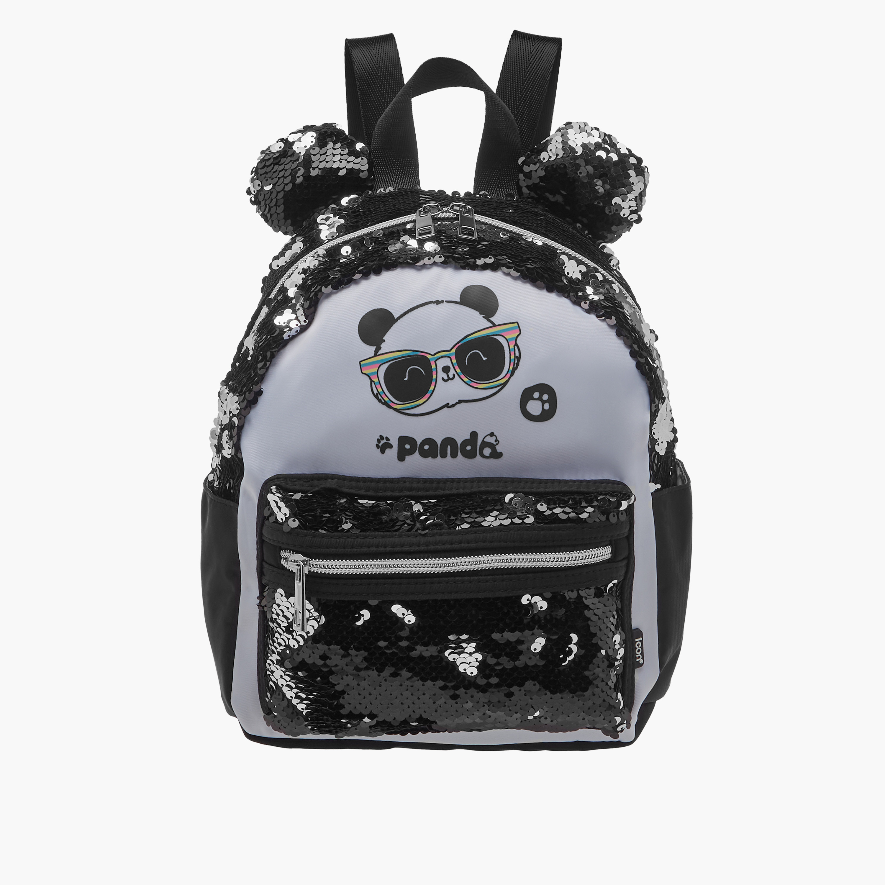 icon Panda Print Sequinned Backpack with Adjustable Straps - 27x23x11 cms-school-bagsandbackpacks-backpacks-image-1