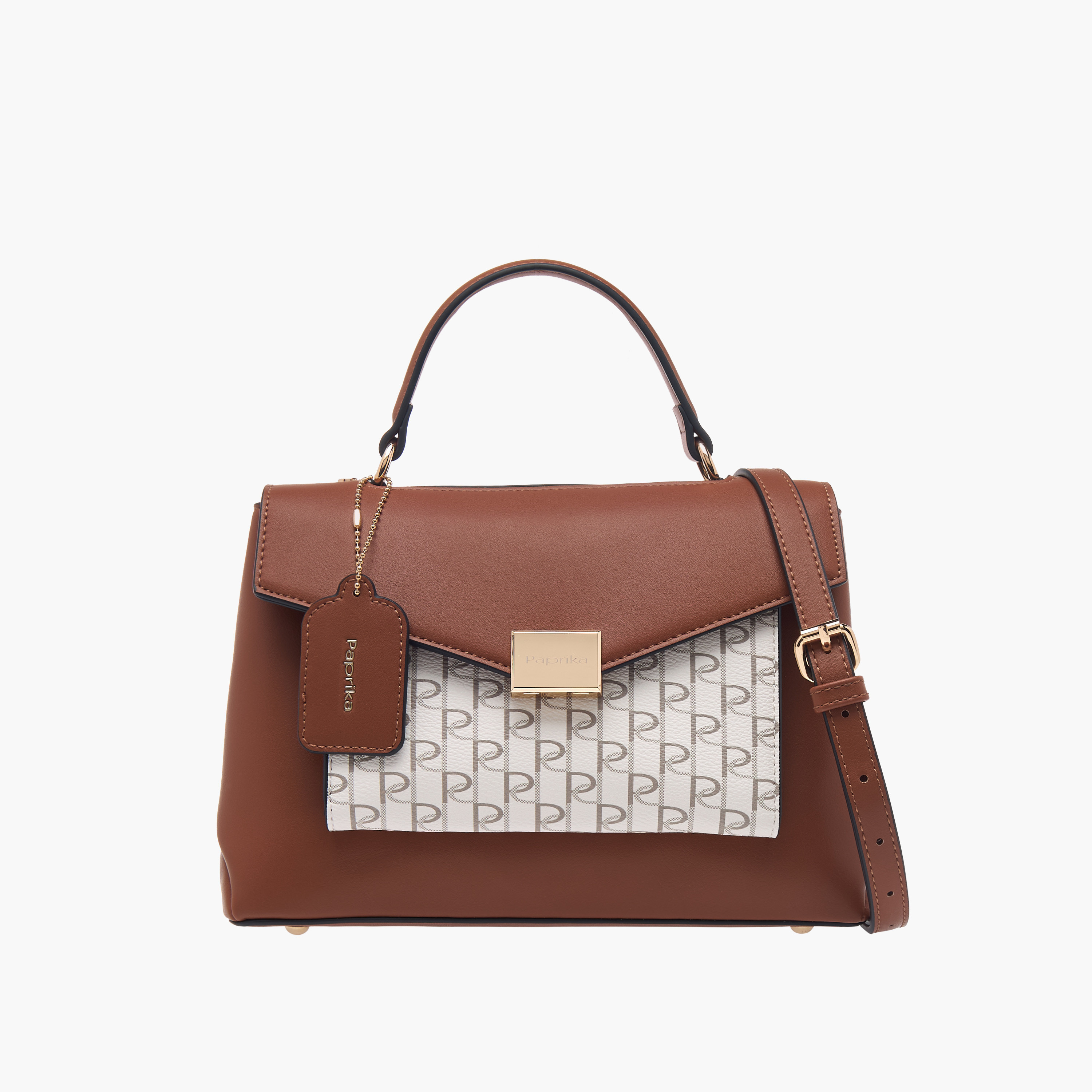 Paprika Monogram Print Satchel Bag with Grab Handle and Flap Closure-women-bagsandwallets-handbags-image-1