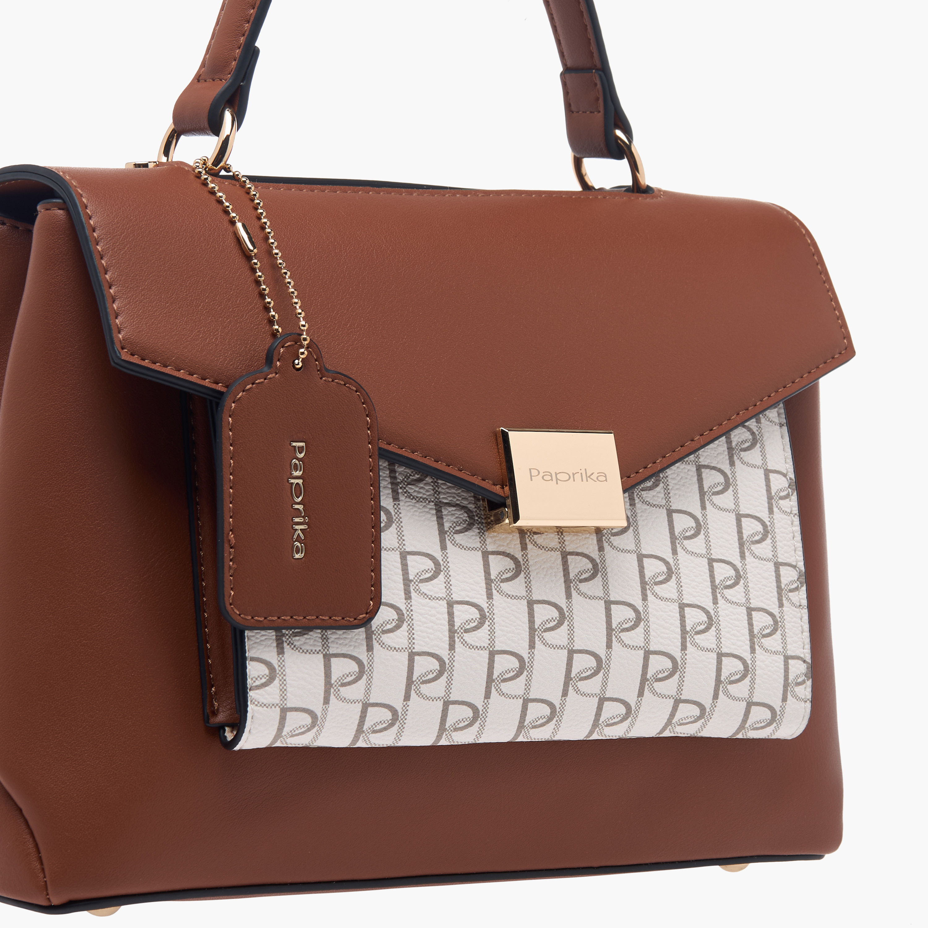 Paprika Monogram Print Satchel Bag with Grab Handle and Flap Closure-women-bagsandwallets-handbags-image-4