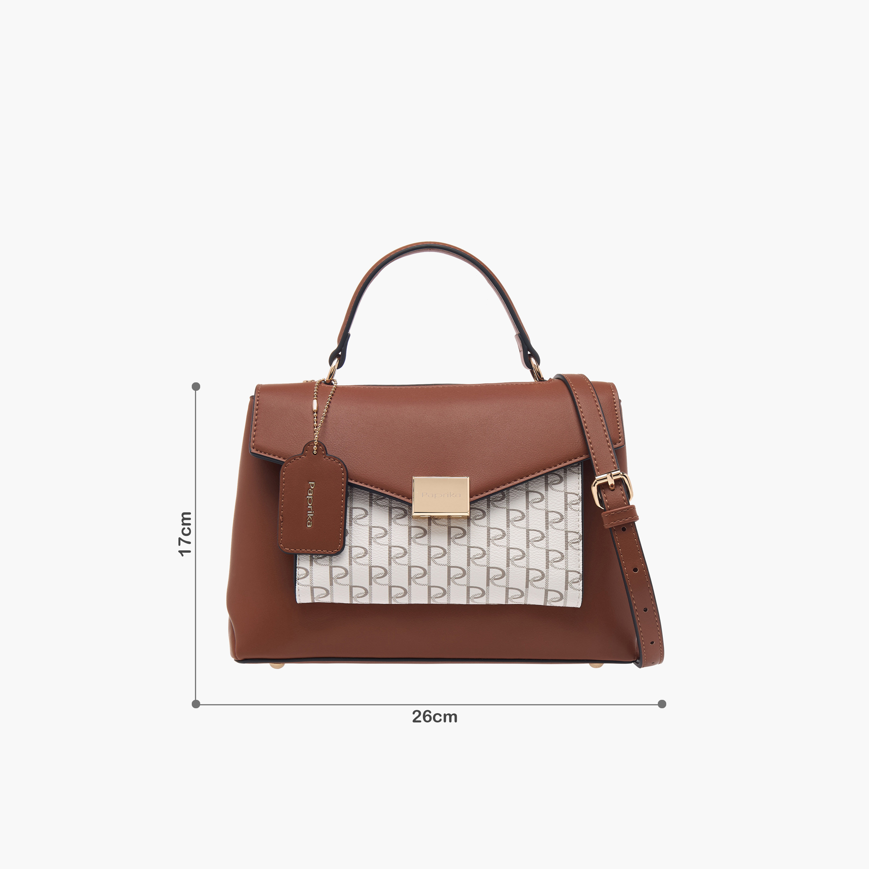 Paprika Monogram Print Satchel Bag with Grab Handle and Flap Closure-women-bagsandwallets-handbags-image-8