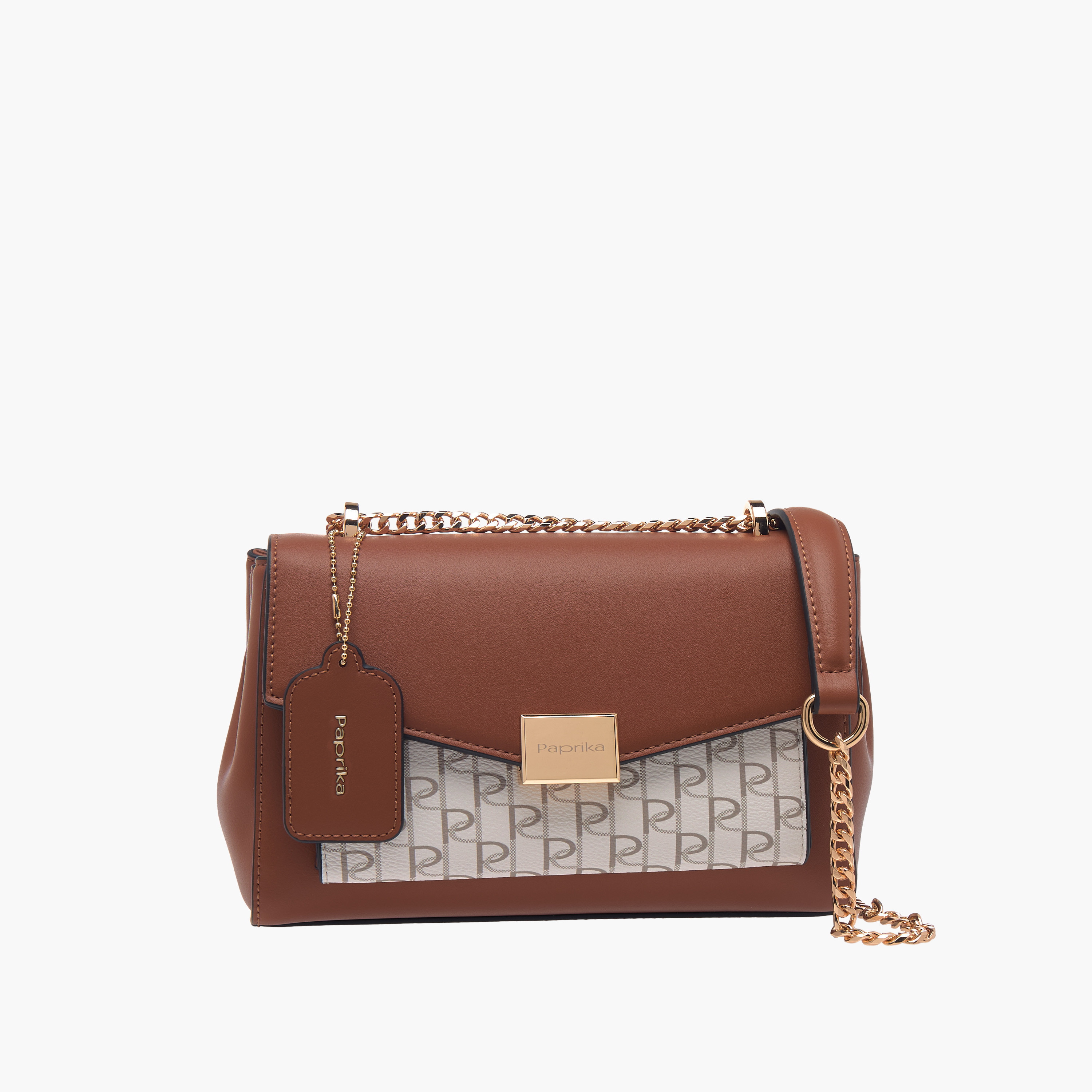 Paprika Monogram Print Crossbody Bag with Chain Strap and Flap Closure-women-bagsandwallets-handbags-image-1