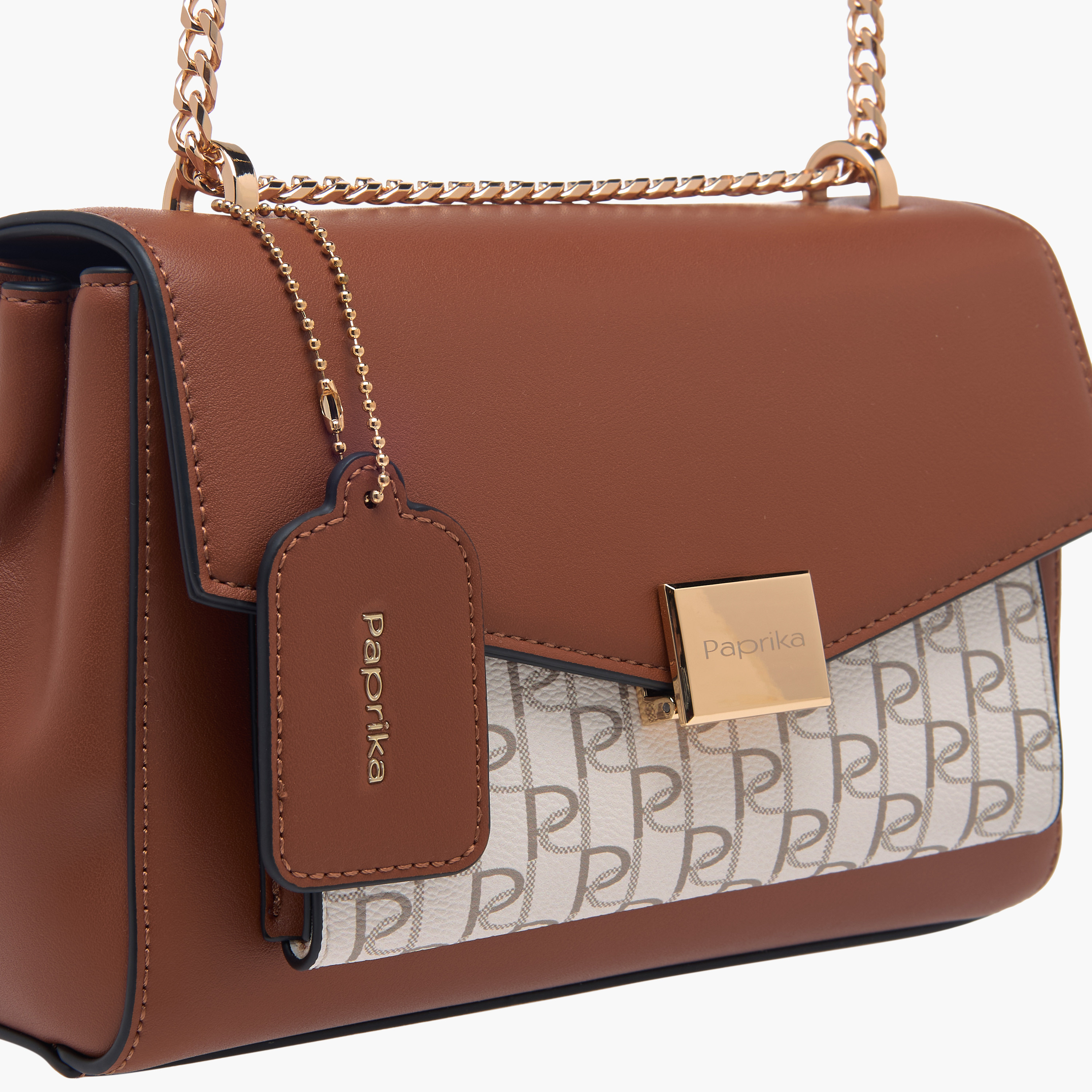Paprika Monogram Print Crossbody Bag with Chain Strap and Flap Closure-women-bagsandwallets-handbags-image-4