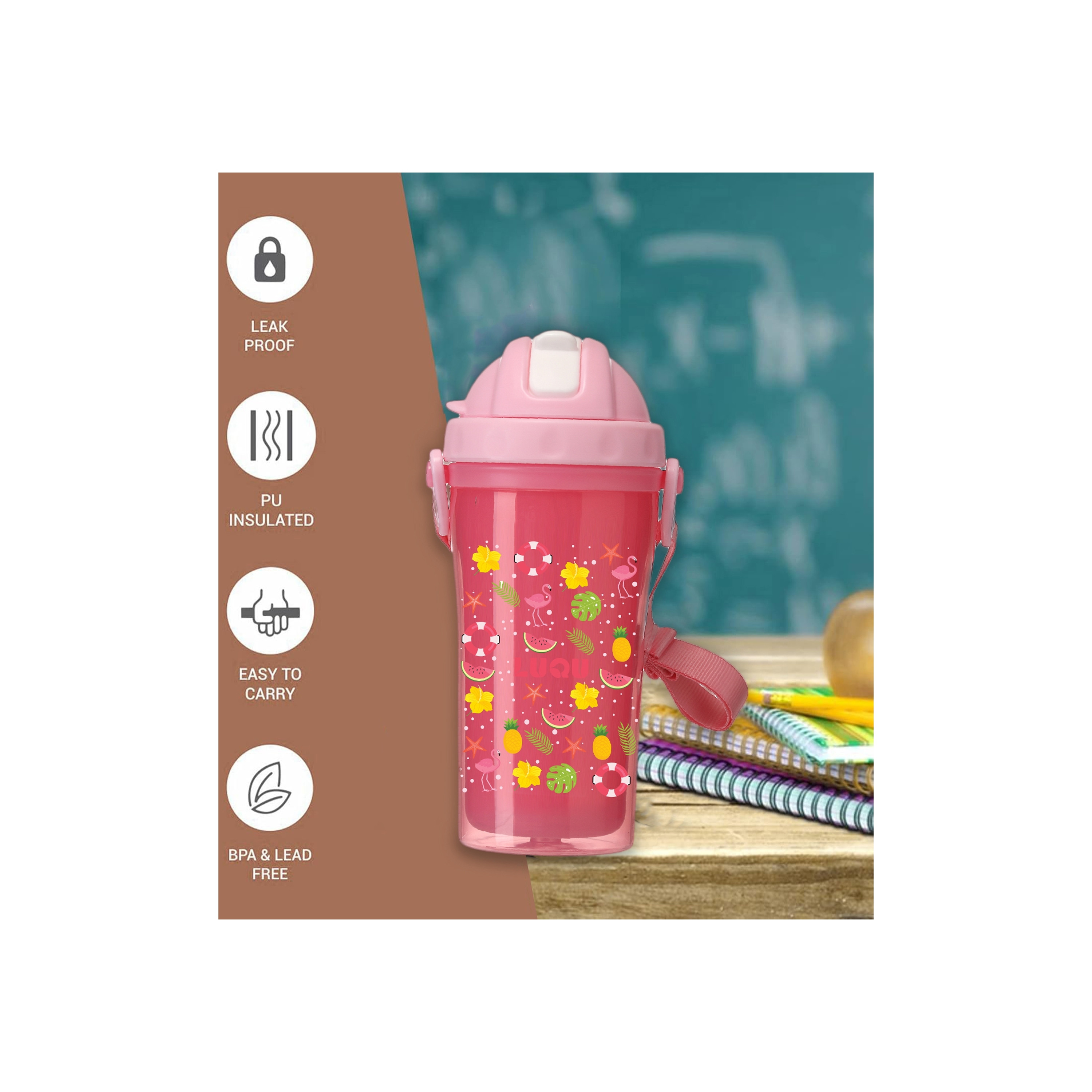 Luqu BPA Free Insulated Feeding Bottle with Straw - Pink - 340 ml-baby-feeding-mealtimeessentials-image-5
