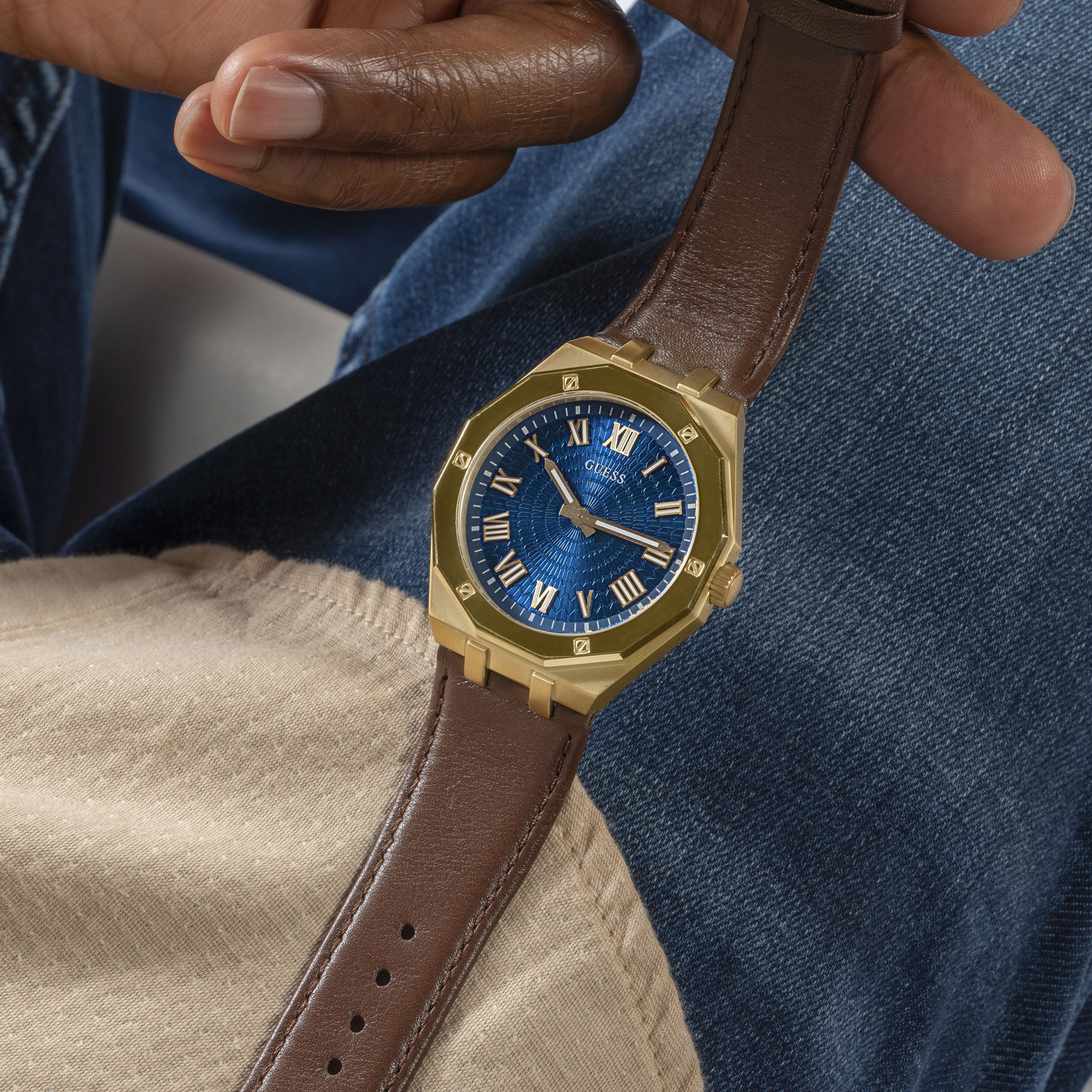Guess Men's 42 MM Brown Analog Leather Strap Watch | GW0663G2-men-watchesandjewellery-watches-image-8