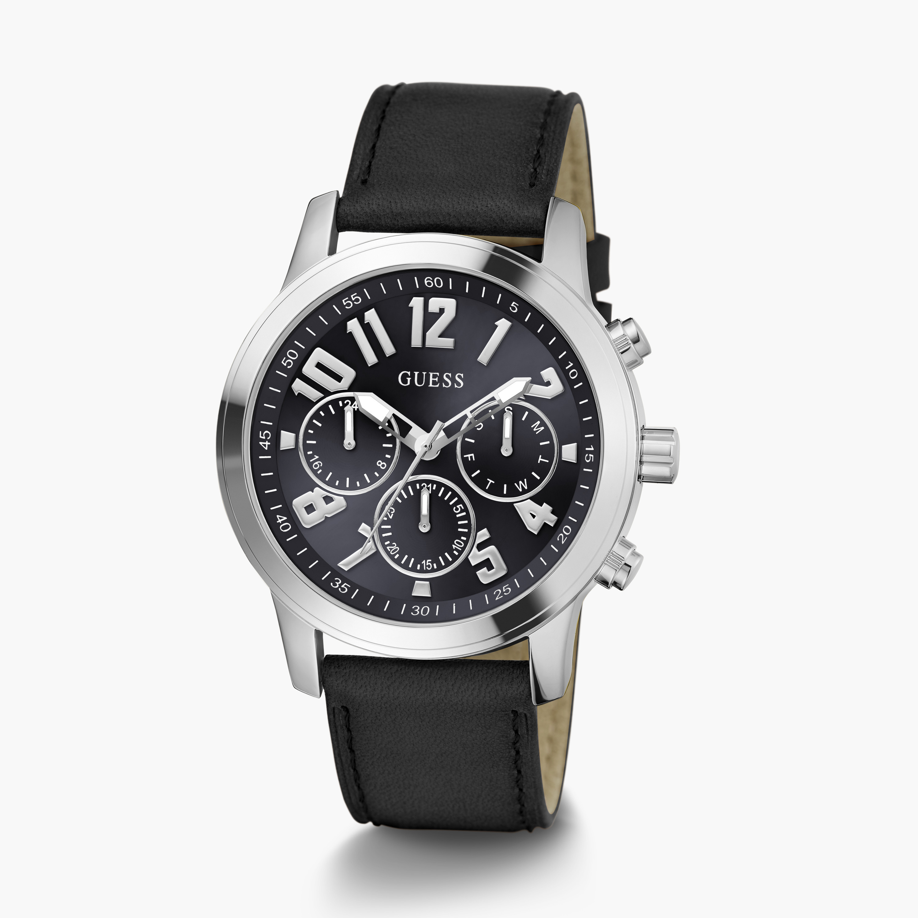 Guess Men's 44 MM Black Chronograph Leather Strap Watch | GW0709G1-men-watchesandjewellery-watches-image-2