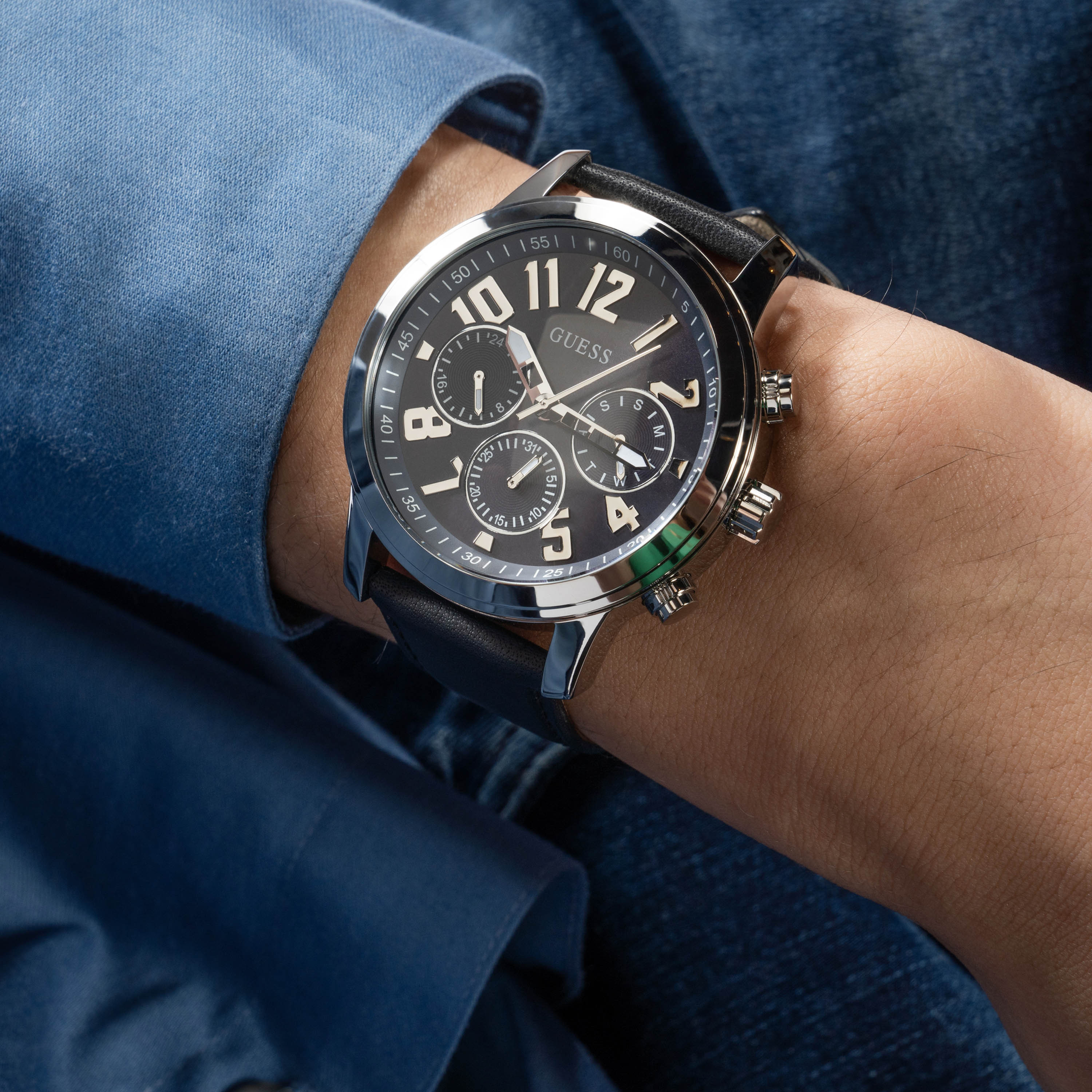 Guess Men's 44 MM Black Chronograph Leather Strap Watch | GW0709G1-men-watchesandjewellery-watches-image-7