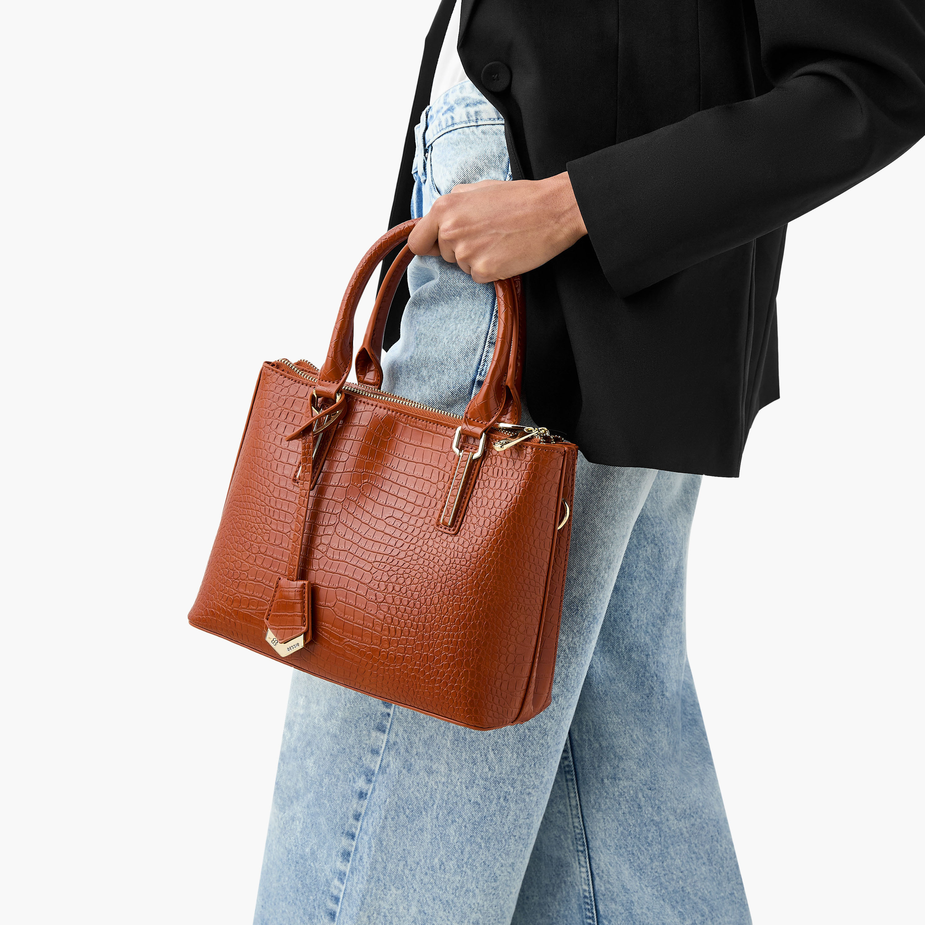 Bessie London Textured Tote Bag with Zip Closure and Detachable Handle-women-bagsandwallets-handbags-image-2