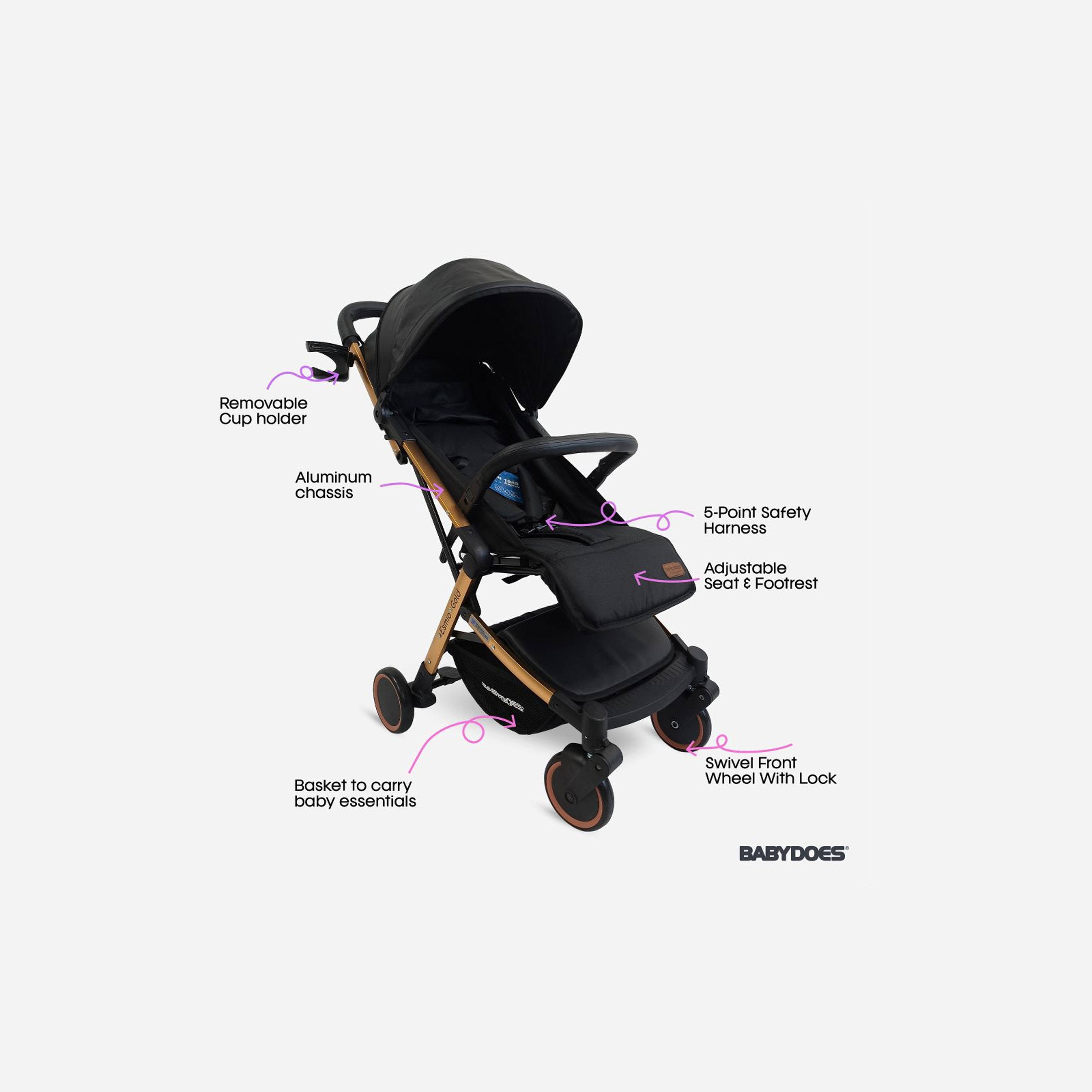 Babydoes ESMIO GOLD Travel Lite Shock Proof Stroller with Golden Frame - 0-4 Years-baby-gear-strollersandprams-strollers-image-2
