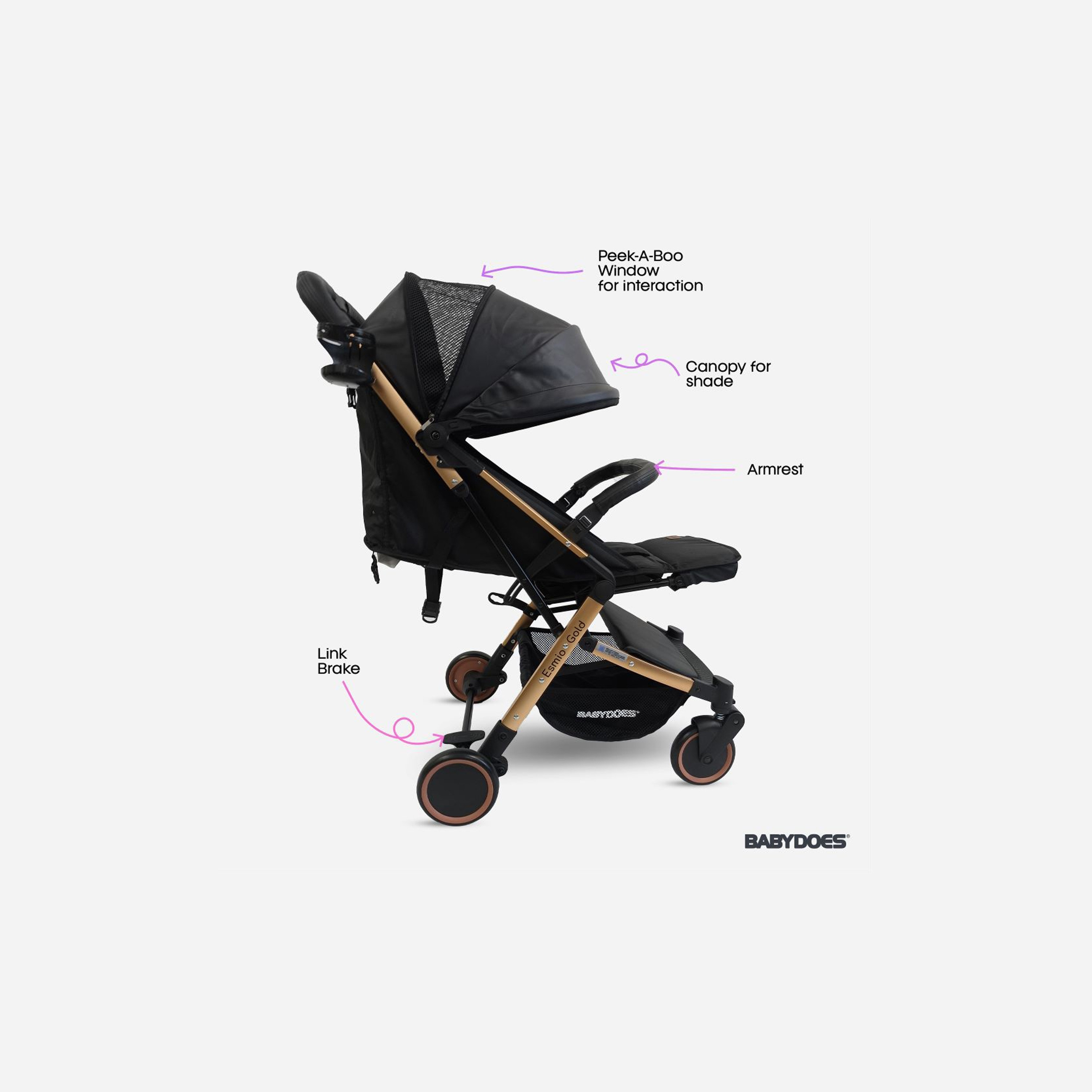 Babydoes ESMIO GOLD Travel Lite Shock Proof Stroller with Golden Frame - 0-4 Years-baby-gear-strollersandprams-strollers-image-3