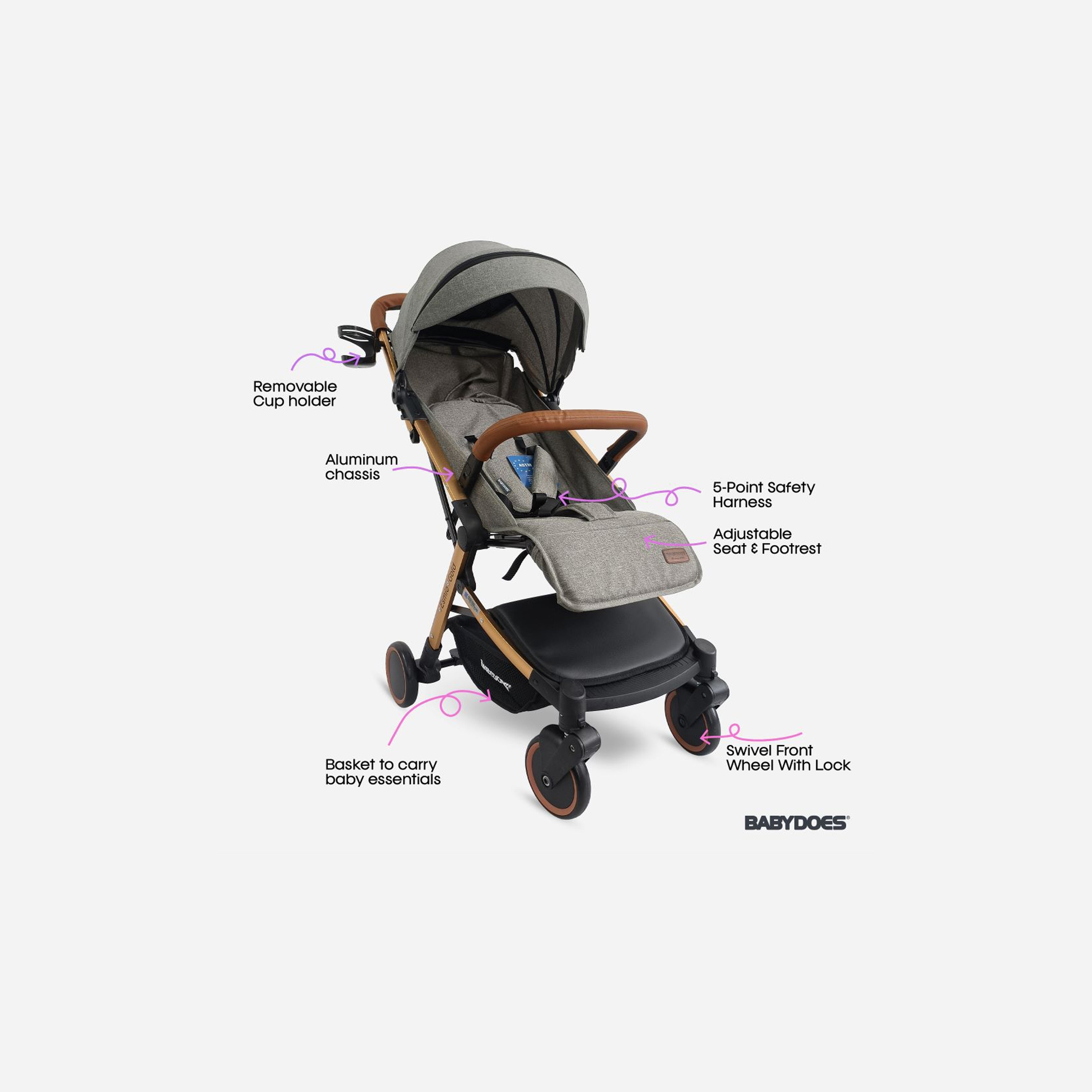 Babydoes ESMIO GOLD Travel Lite Shock Proof Stroller with Golden Frame - 0-4 Years-baby-gear-strollersandprams-strollers-image-2
