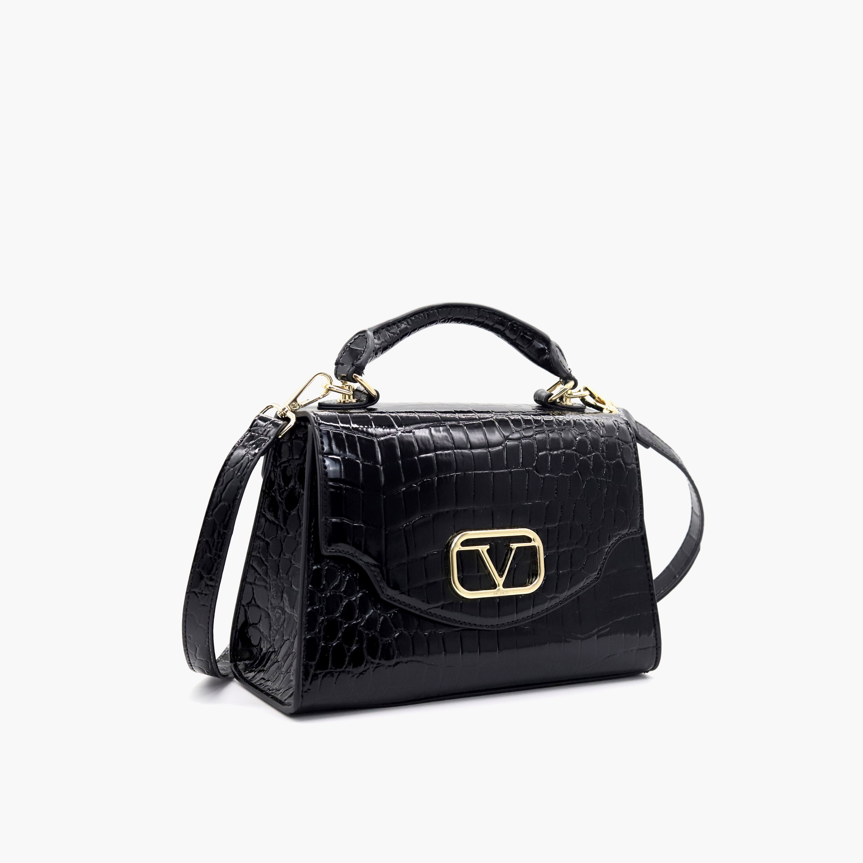 V Italia Textured Satchel Bag with Detachable Strap and Flap Closure-women-bagsandwallets-handbags-image-2