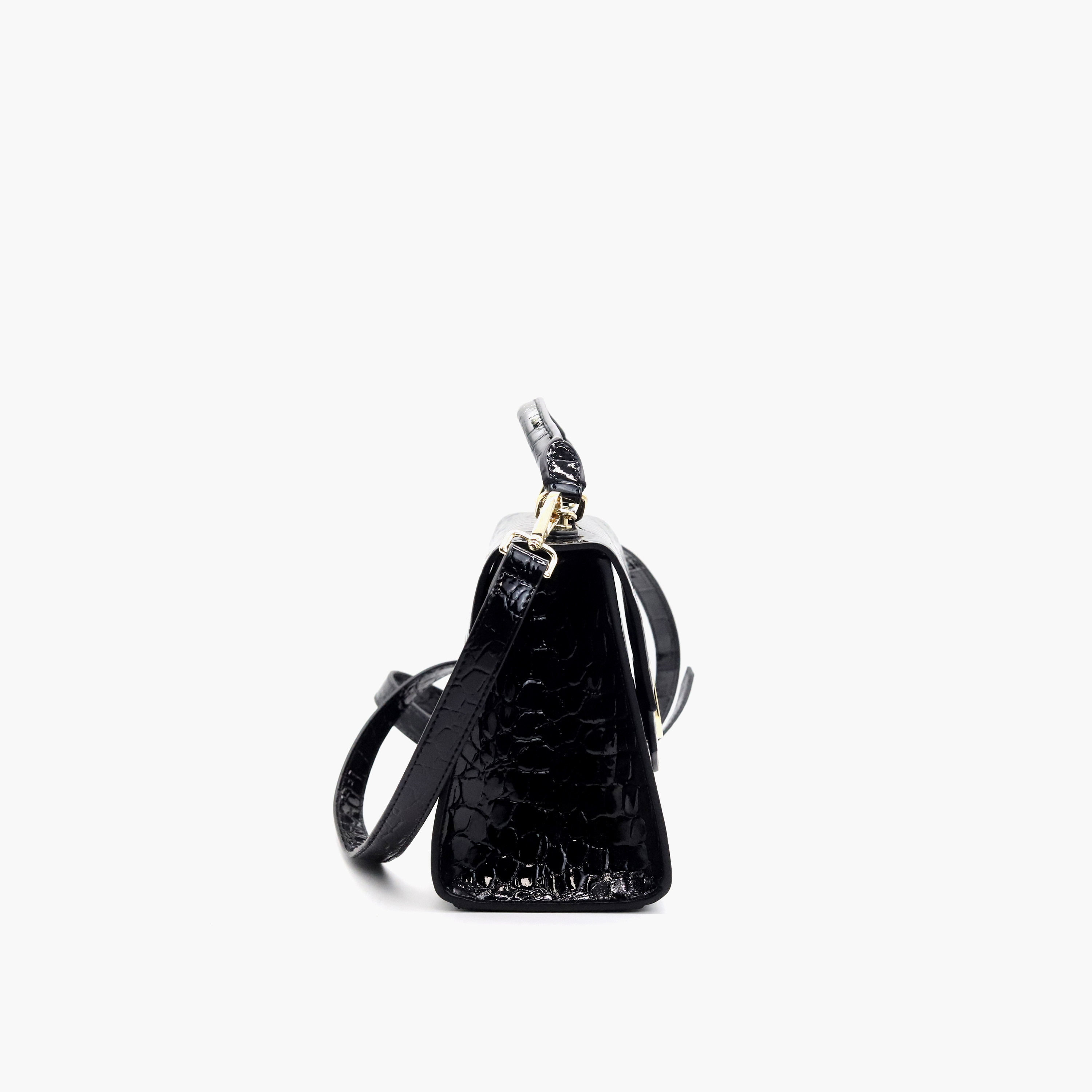V Italia Textured Satchel Bag with Detachable Strap and Flap Closure-women-bagsandwallets-handbags-image-3