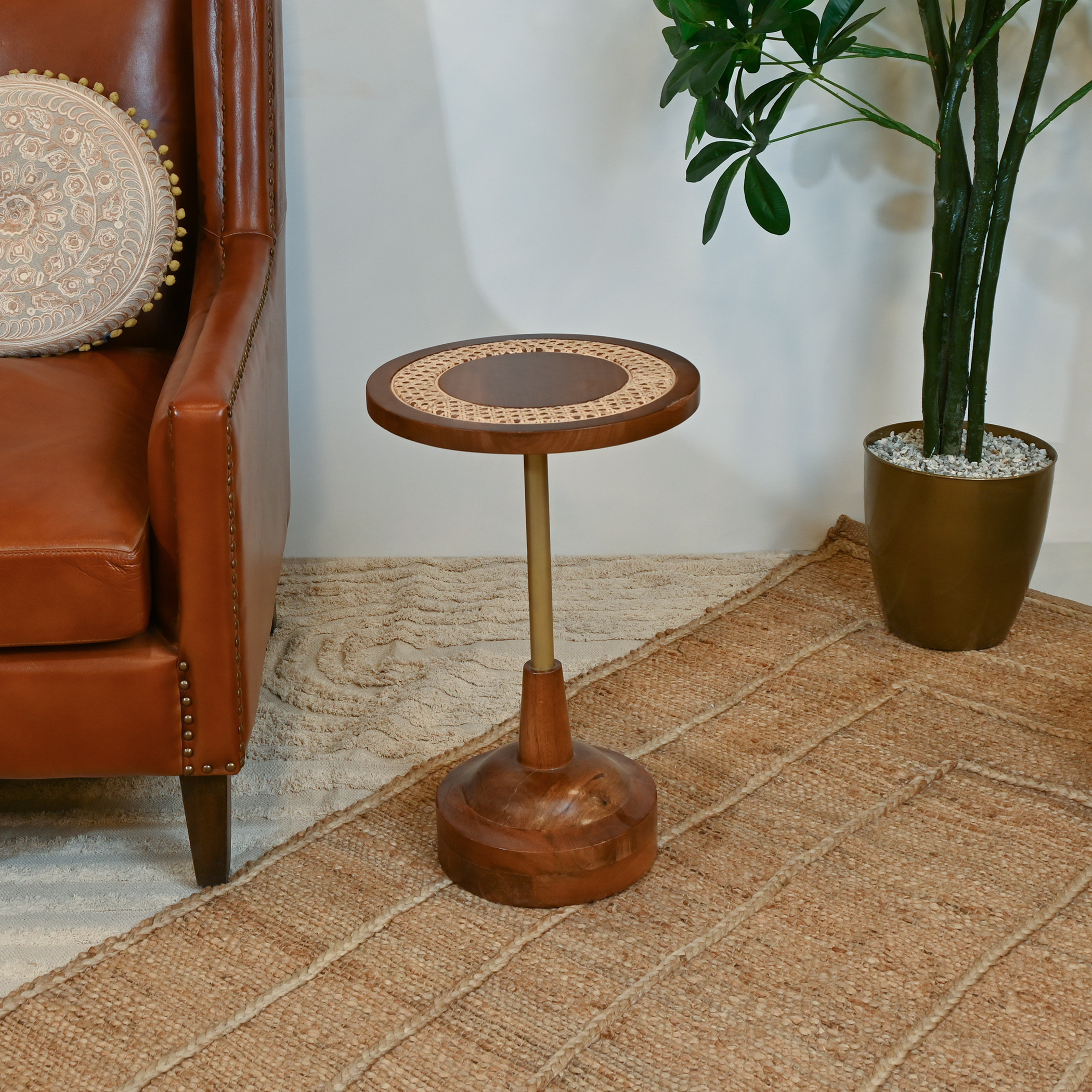 Home Carving Round Rattan Top Side Table - 35x55 cms-furniture-livingroom-sideandendtables-image-1