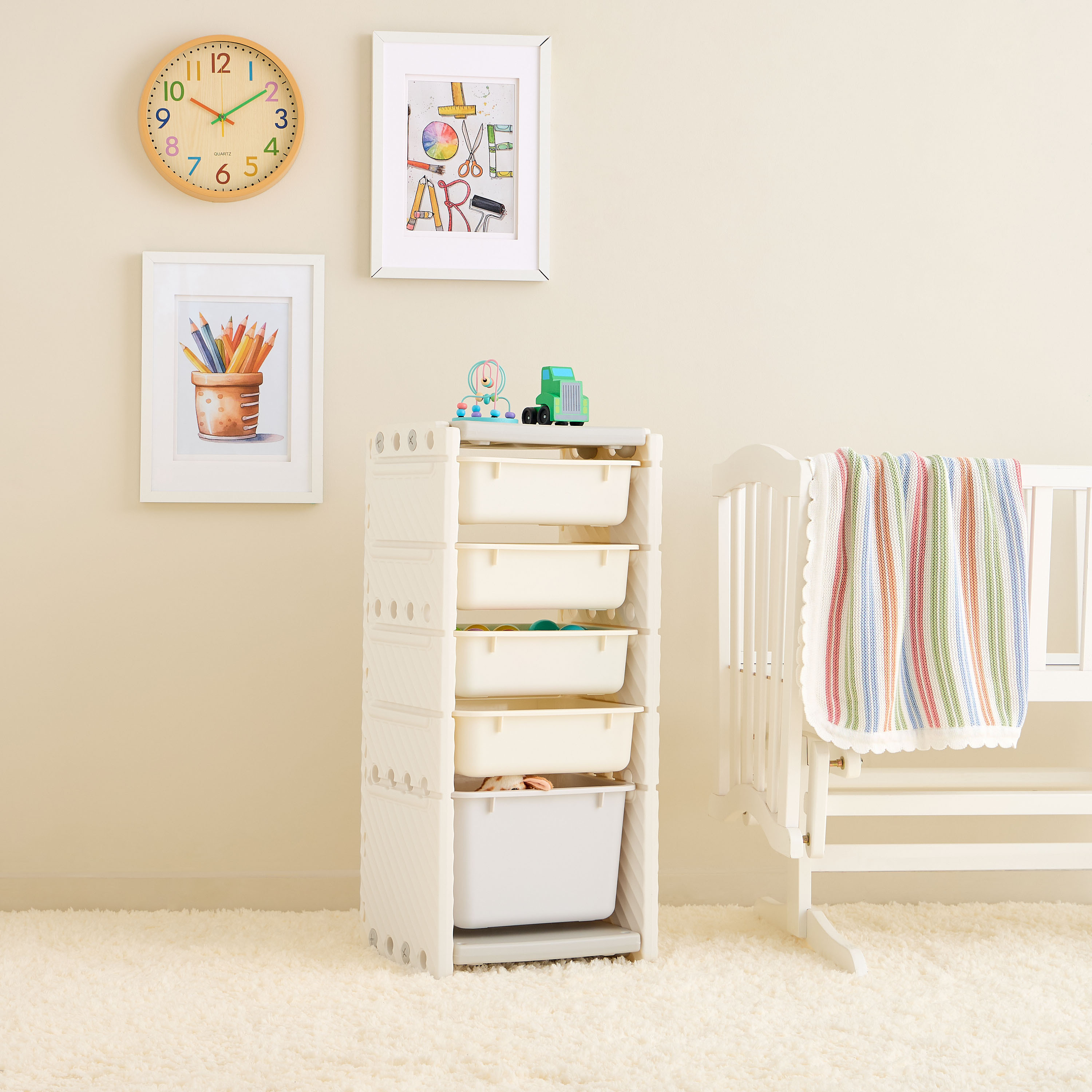 Little Bloomers Super Toy Storage - 4 Small Baskets & 1 Large Basket with Cover - White & Grey-baby-nursery-furniture-wardrobesandstorage-image-5