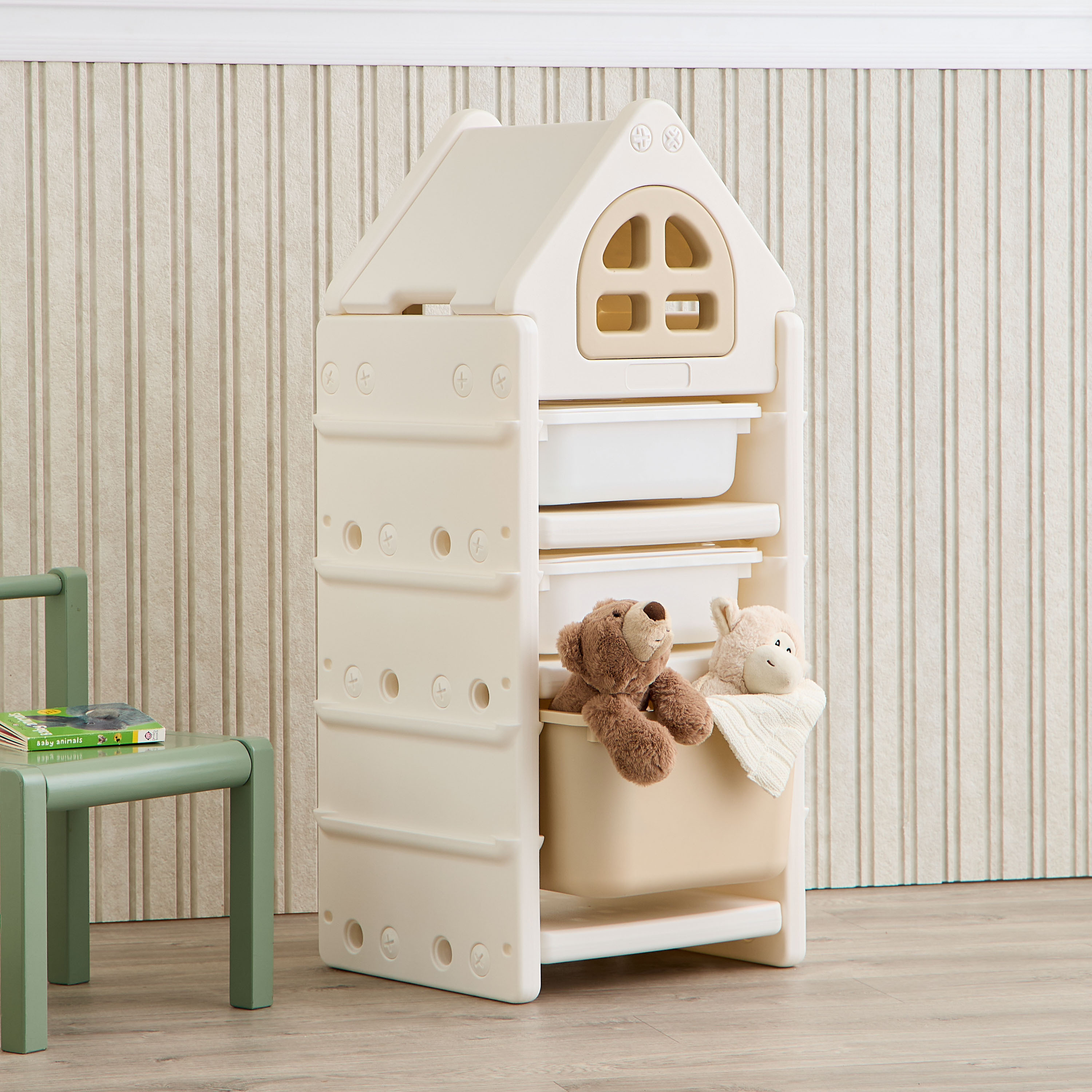 Little Bloomers Toy Storage Cabinet & 3 Storage Baskets with Cover - White & Camel-baby-nursery-furniture-wardrobesandstorage-image-1