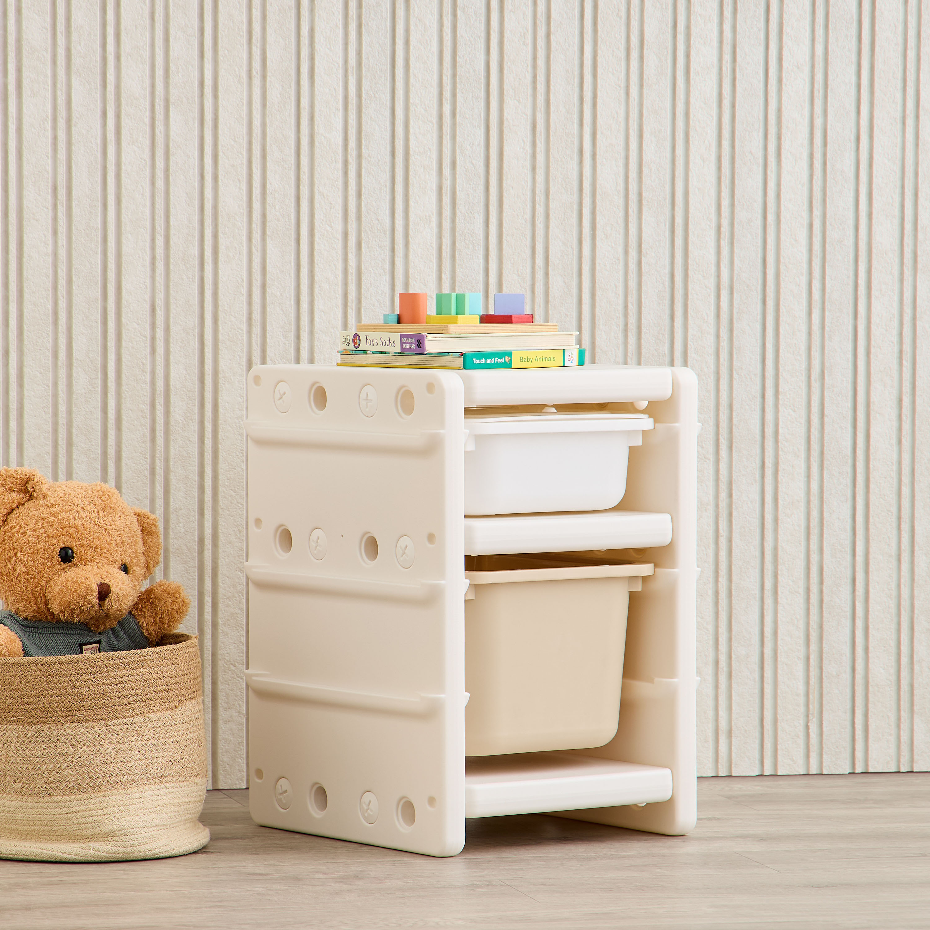 Little Bloomers Toy Storage Side Cabinet -  2 Baskets with Cover - White & Grey-baby-nursery-furniture-wardrobesandstorage-image-1